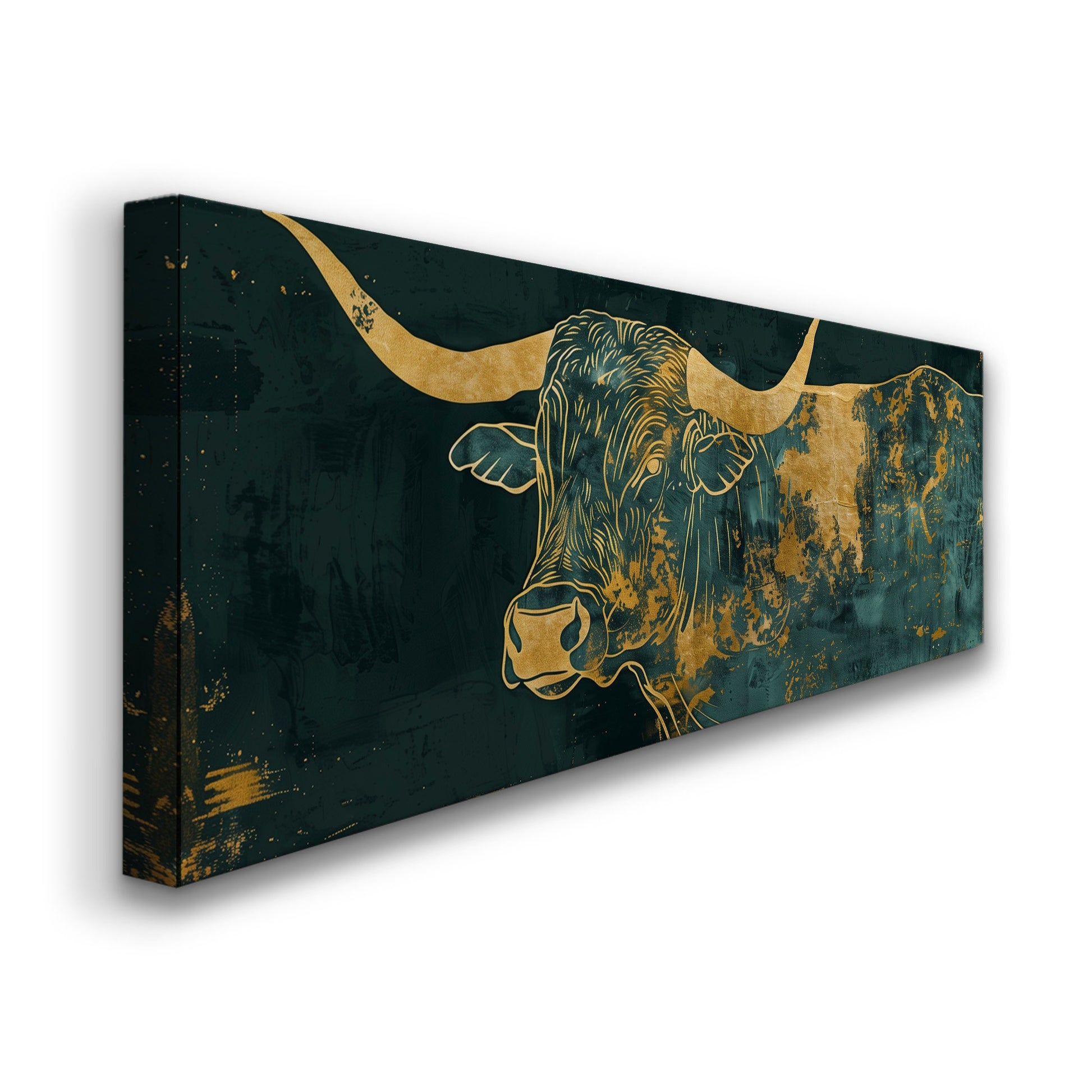 Abstract Bull Long Horizontal Wall Art Bedroom, Panoramic Green and Gold Canvas Print, Farmhouse Decor Canvas Art
