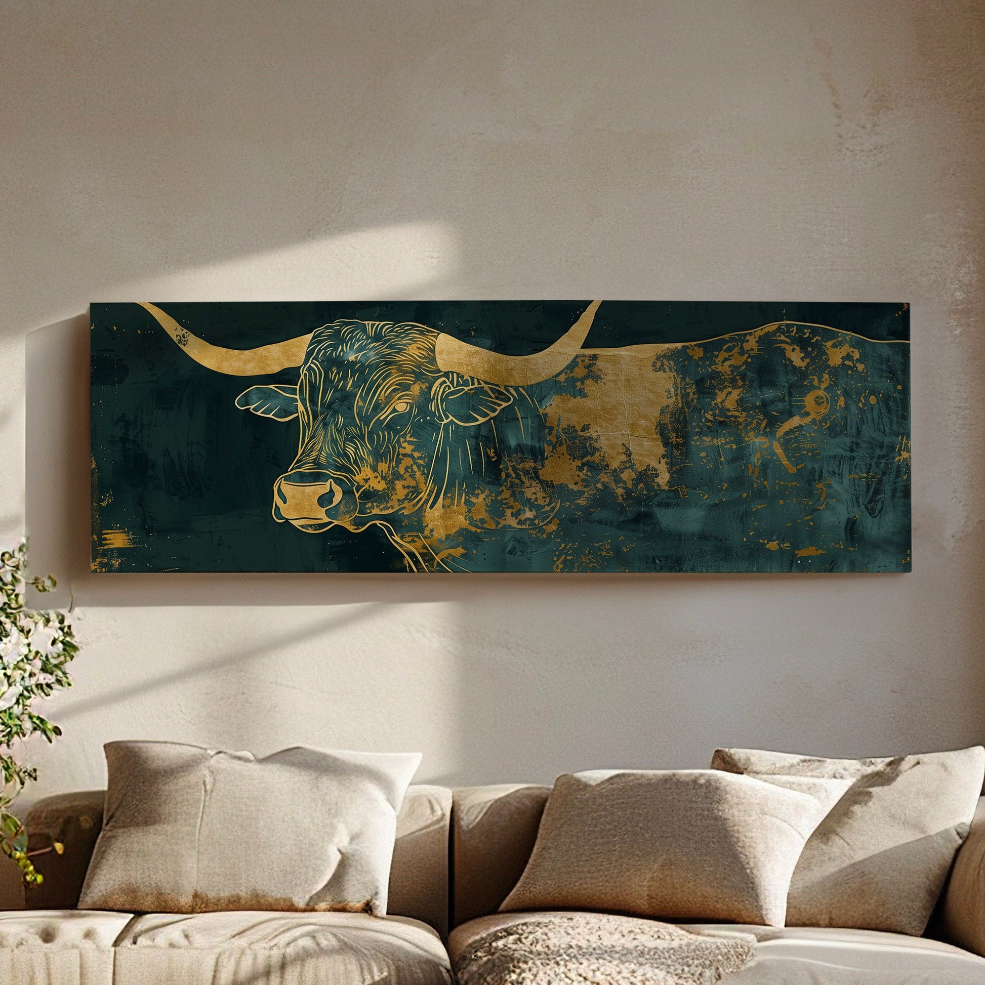 Abstract Bull Long Horizontal Wall Art Bedroom, Panoramic Green and Gold Canvas Print, Farmhouse Decor Canvas Art