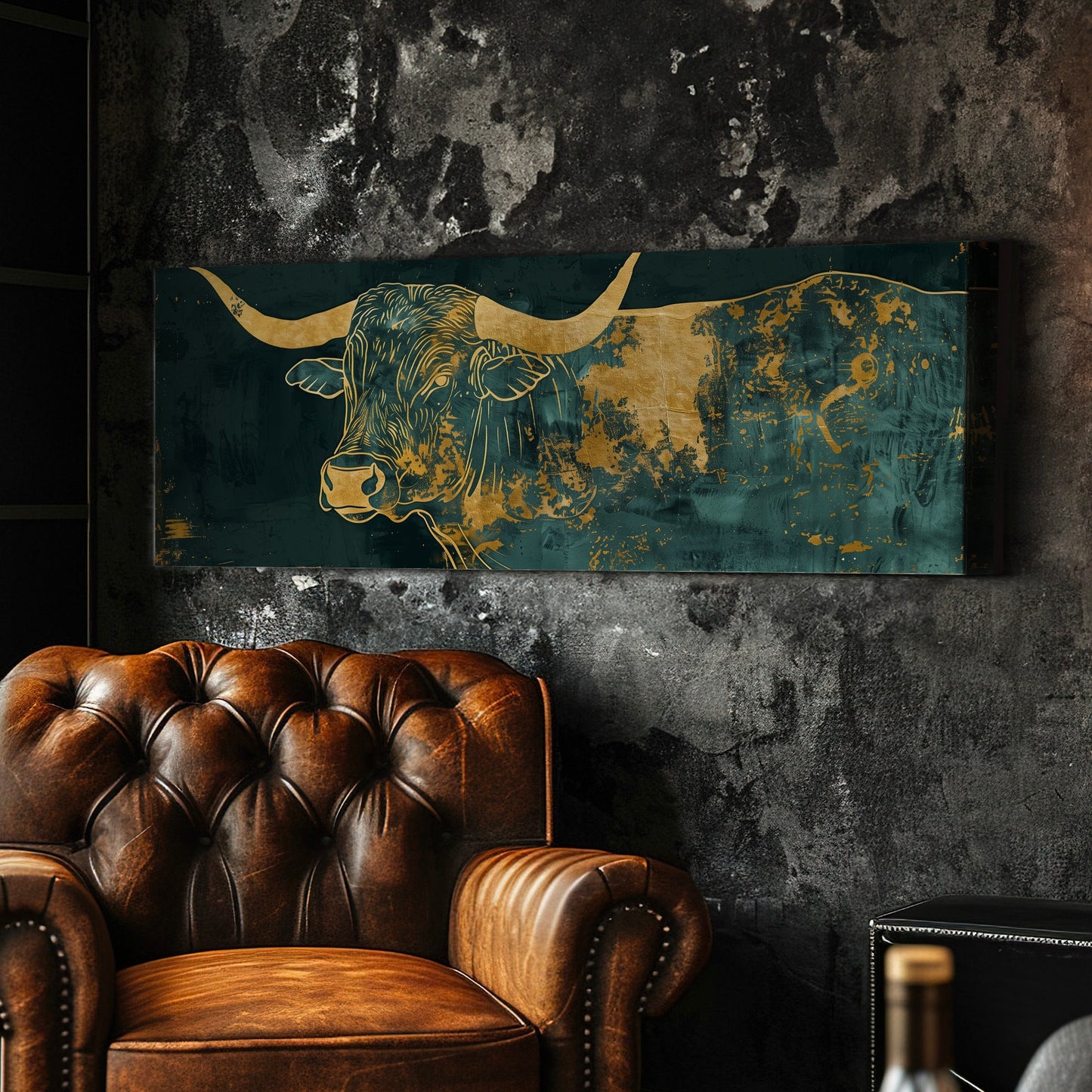 Abstract Bull Long Horizontal Wall Art Bedroom, Panoramic Green and Gold Canvas Print, Farmhouse Decor Canvas Art