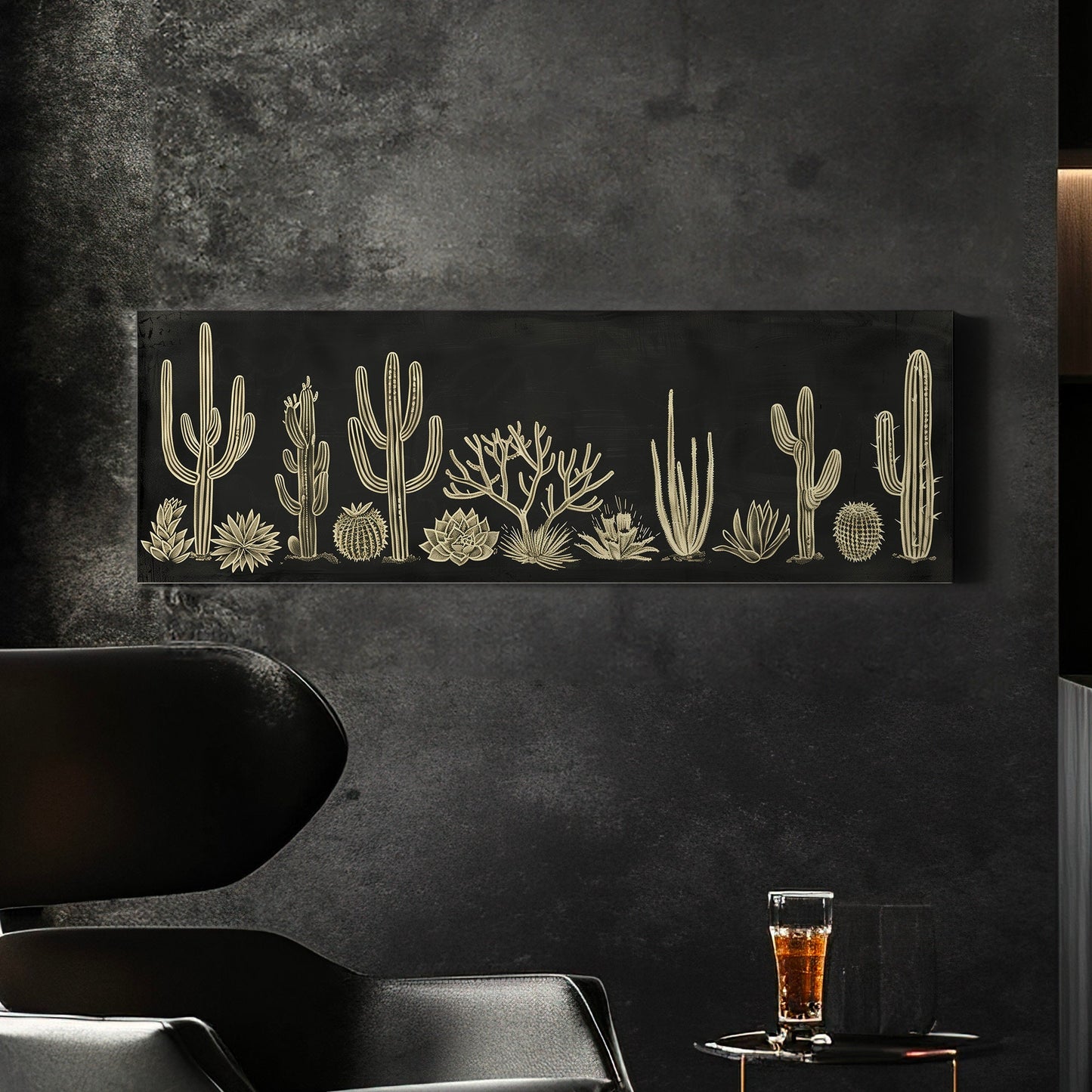 Succulent Cactus Chalk Drawing Long Horizontal Wall Art For Living Room, Panoramic Minimalist Canvas Print, Illustration Decor Canvas Art