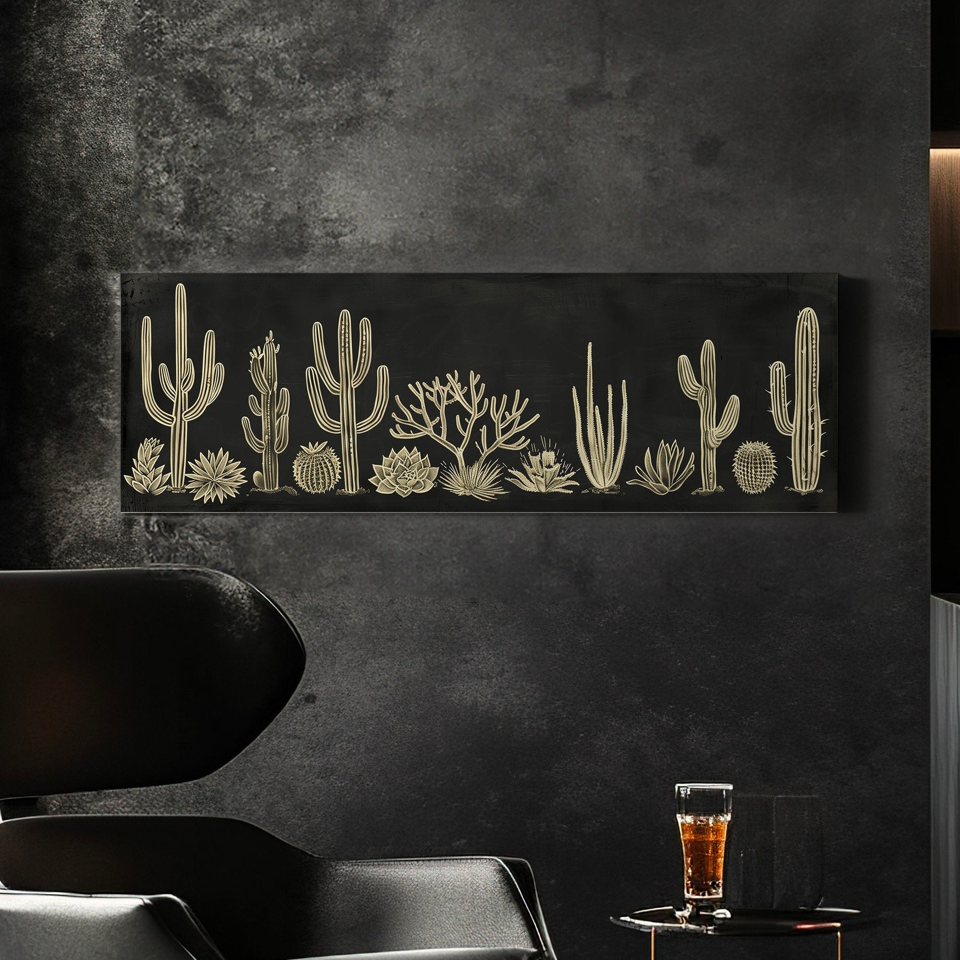 Succulent Cactus Chalk Drawing Long Horizontal Wall Art For Living Room, Panoramic Minimalist Canvas Print, Illustration Decor Canvas Art