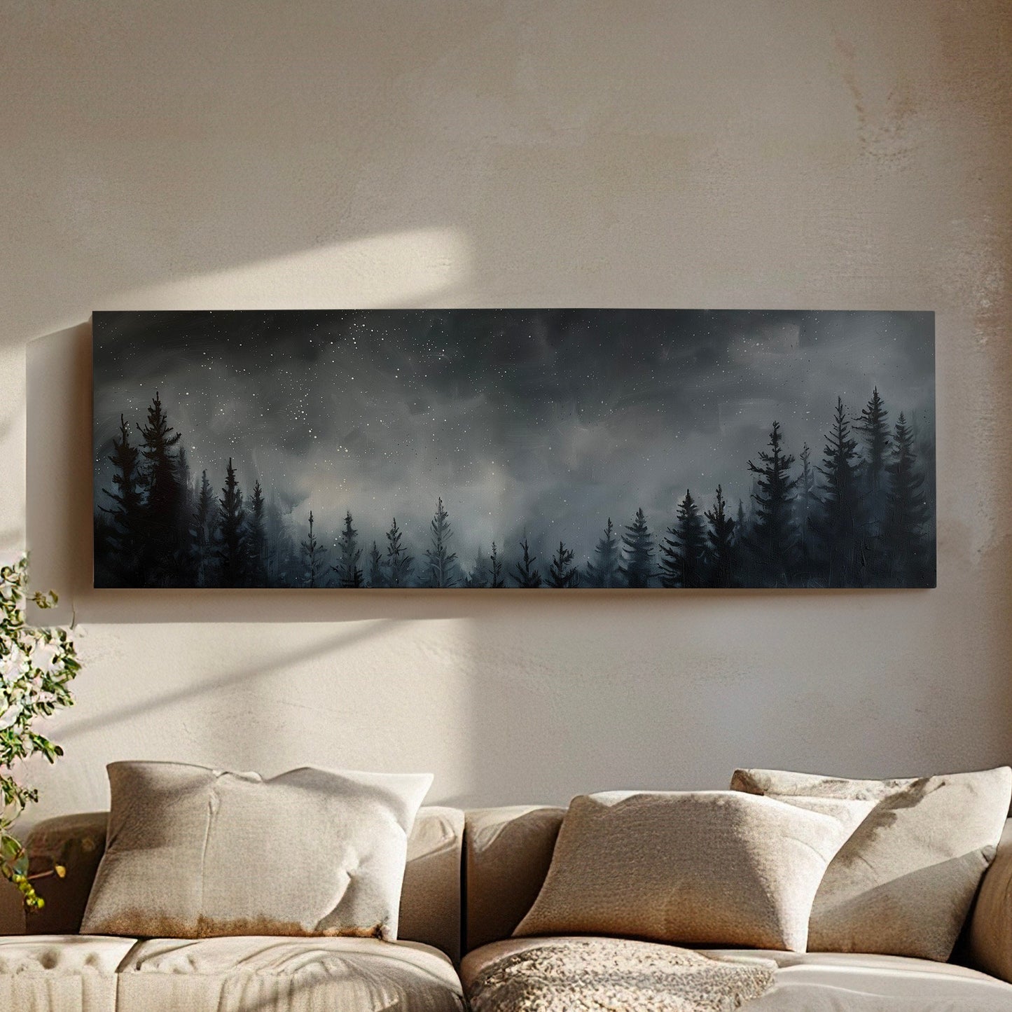 Pine Forest at Midnight Long Horizontal Wall Art For Bedroom, Panoramic Nature Canvas Print, Moody Dark Decor Canvas Art