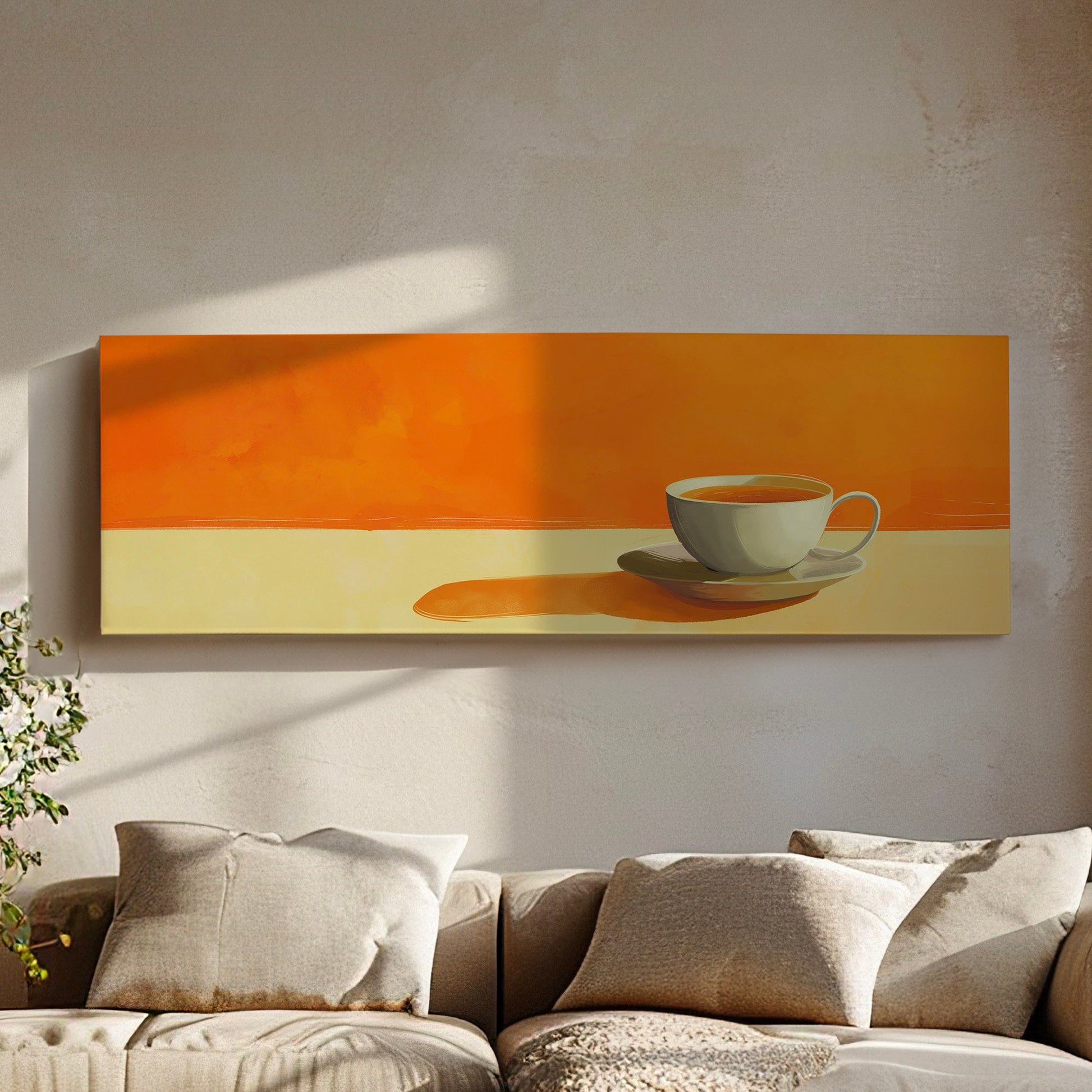 Orange Coffee Bar Art Long Horizontal Wall Art For Kitchen, Panoramic Barista Canvas Print, Coffee Bar Decor Canvas Art