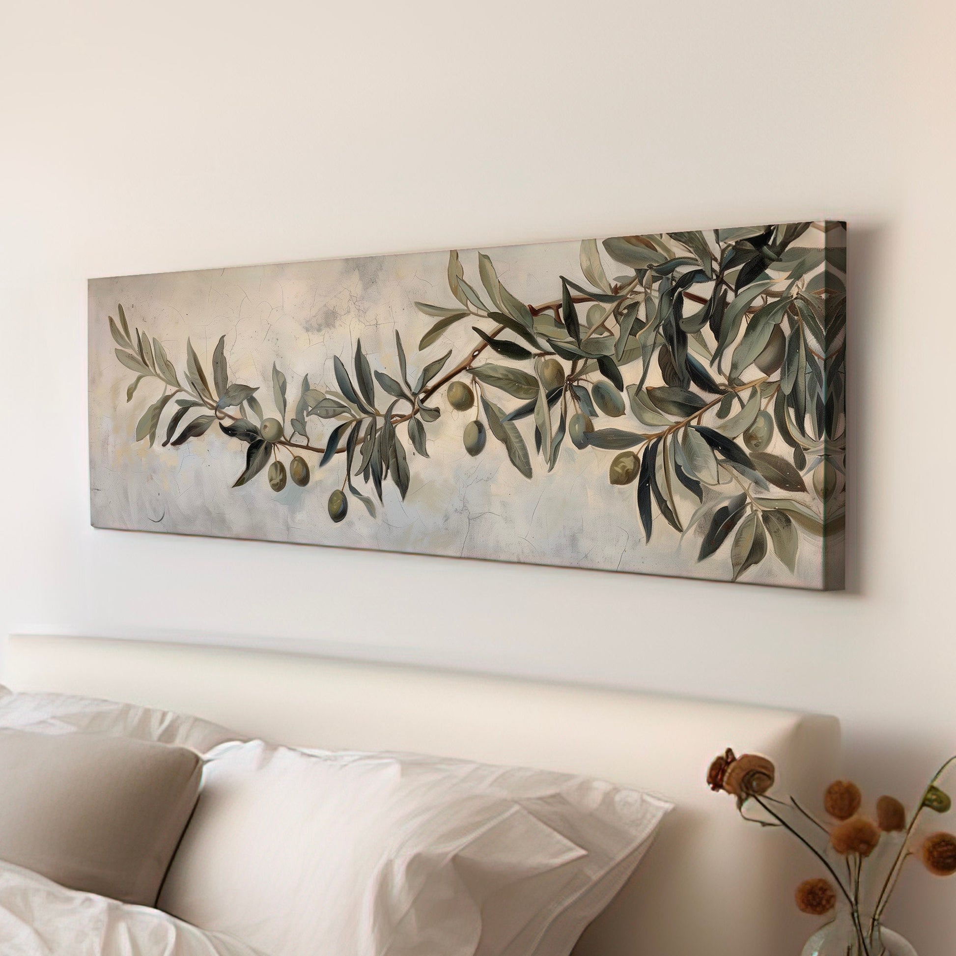 Olive Tree  Long Horizontal Wall Art For Guest Room, Panoramic Botanical Canvas Print, Kitchen Decor Canvas Art