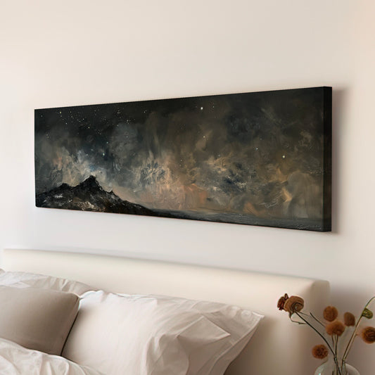 Mountain at Midnight Long Horizontal Wall Art For Bedroom, Panoramic Nature Canvas Print, Moody Dark Decor Canvas Art