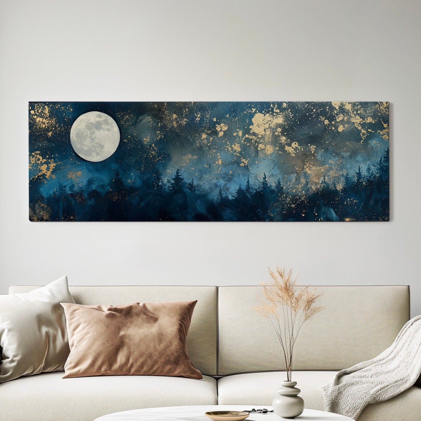 Nigh Starry Sky Long Horizontal Wall Art For Bedroom, Panoramic Full Moon Canvas Print, Spiritual Decor Canvas Art