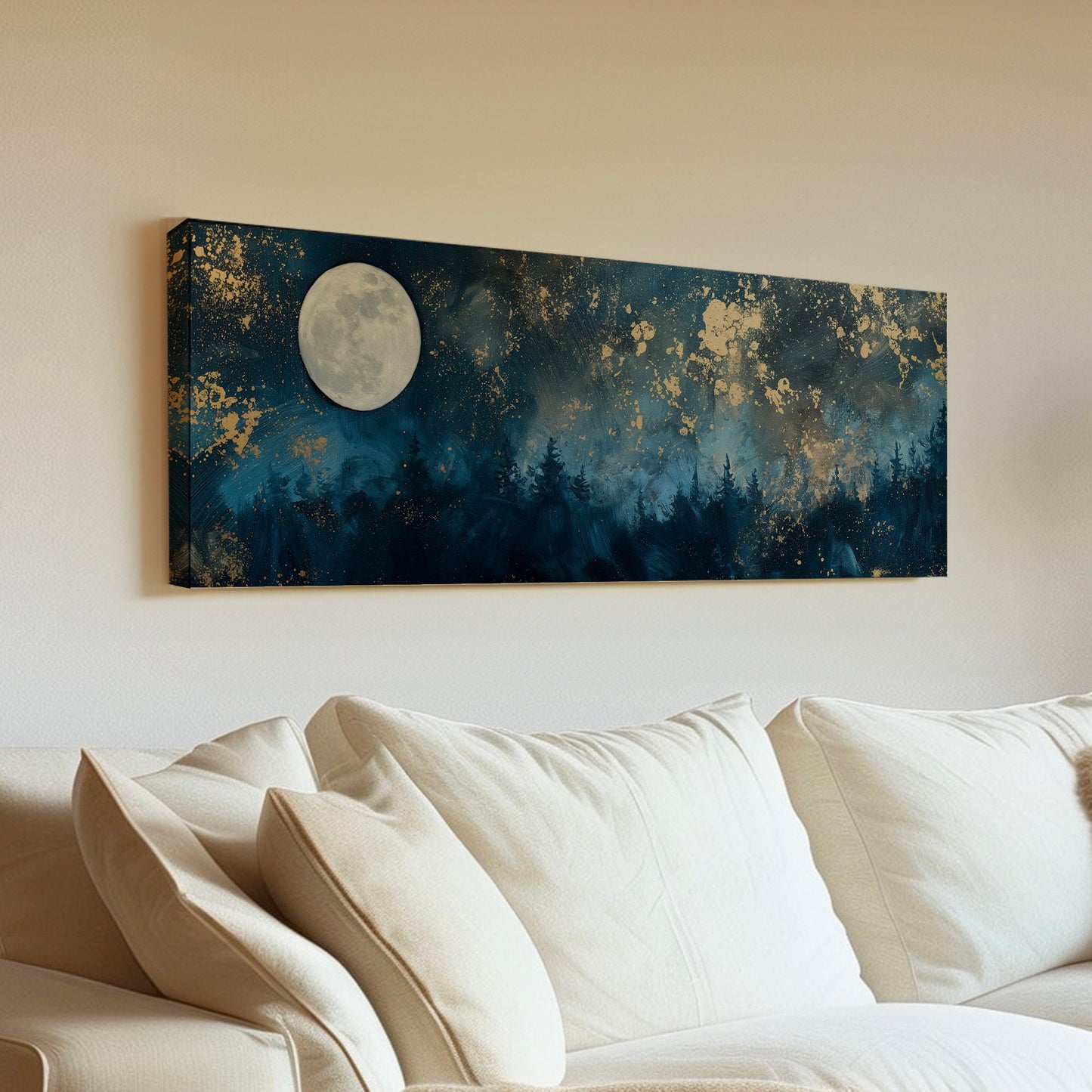 Nigh Starry Sky Long Horizontal Wall Art For Bedroom, Panoramic Full Moon Canvas Print, Spiritual Decor Canvas Art