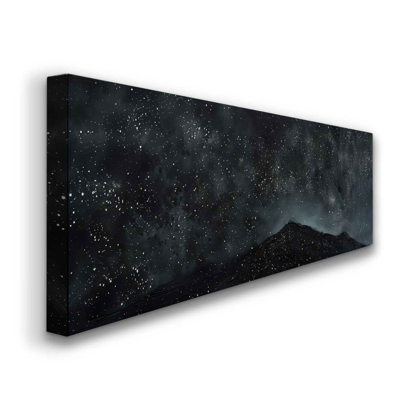 Night Sky Over A Mountain Long Horizontal Wall Art Above Bed, Panoramic Nature Canvas Print, Hunting Cabin Decor Canvas Art