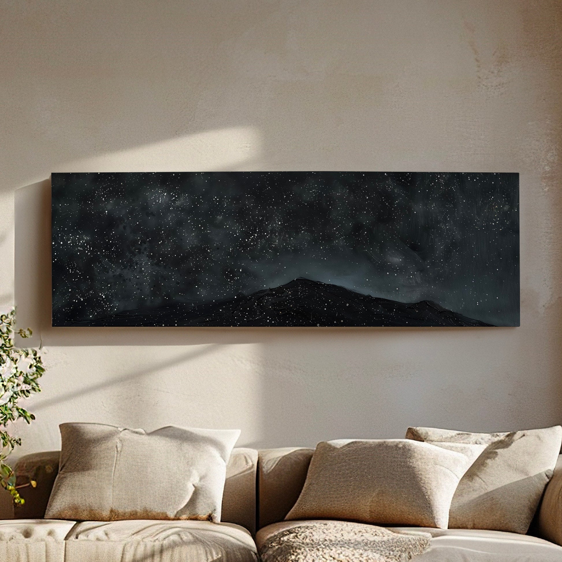 Night Sky Over A Mountain Long Horizontal Wall Art Above Bed, Panoramic Nature Canvas Print, Hunting Cabin Decor Canvas Art