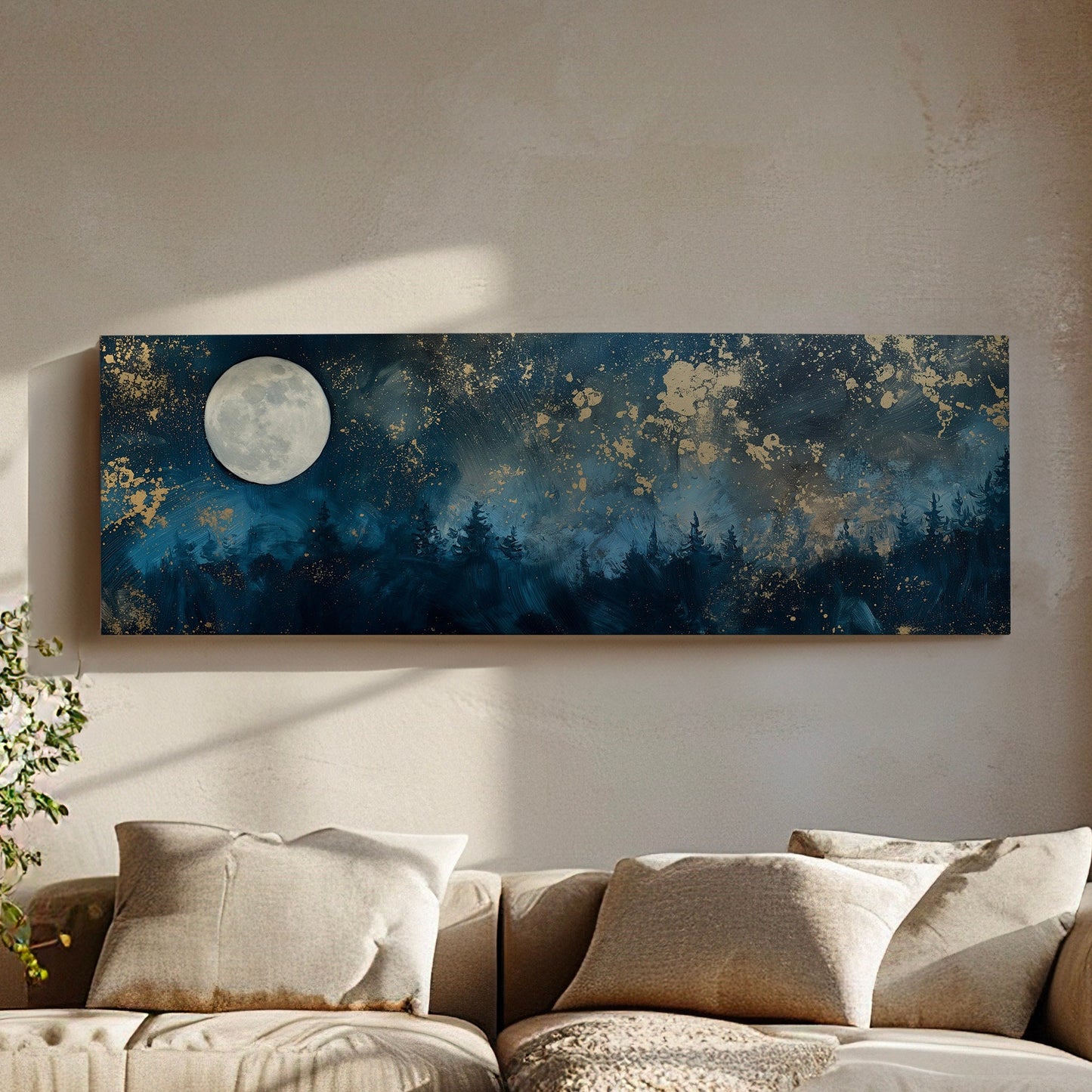 Nigh Starry Sky Long Horizontal Wall Art For Bedroom, Panoramic Full Moon Canvas Print, Spiritual Decor Canvas Art