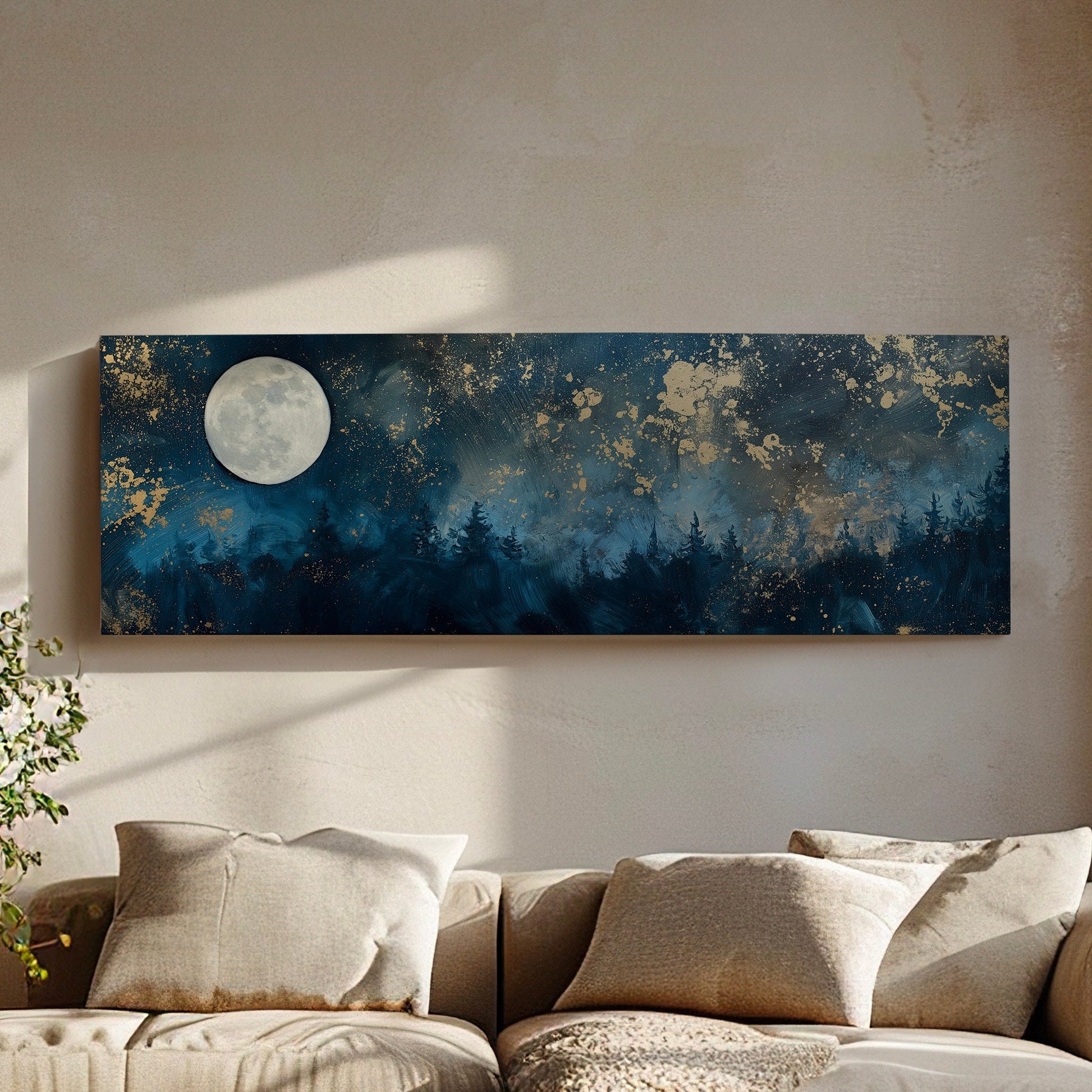 Nigh Starry Sky Long Horizontal Wall Art For Bedroom, Panoramic Full Moon Canvas Print, Spiritual Decor Canvas Art