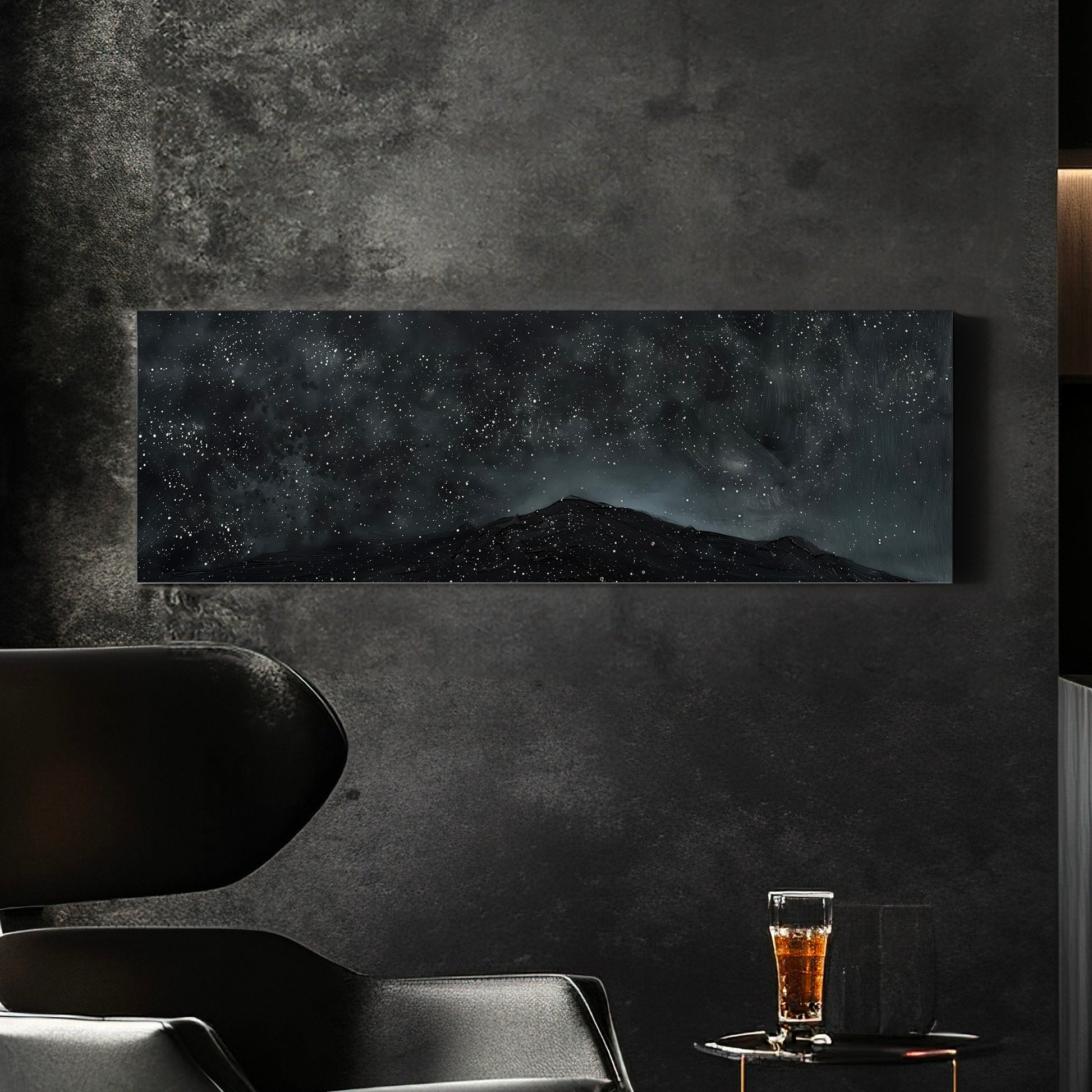 Night Sky Over A Mountain Long Horizontal Wall Art Above Bed, Panoramic Nature Canvas Print, Hunting Cabin Decor Canvas Art