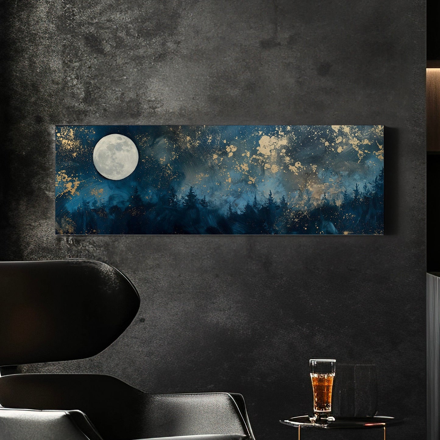 Nigh Starry Sky Long Horizontal Wall Art For Bedroom, Panoramic Full Moon Canvas Print, Spiritual Decor Canvas Art