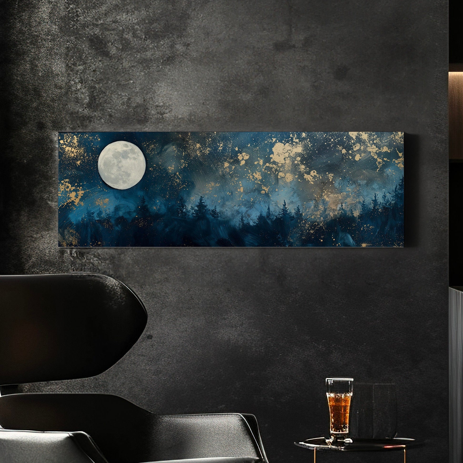 Nigh Starry Sky Long Horizontal Wall Art For Bedroom, Panoramic Full Moon Canvas Print, Spiritual Decor Canvas Art