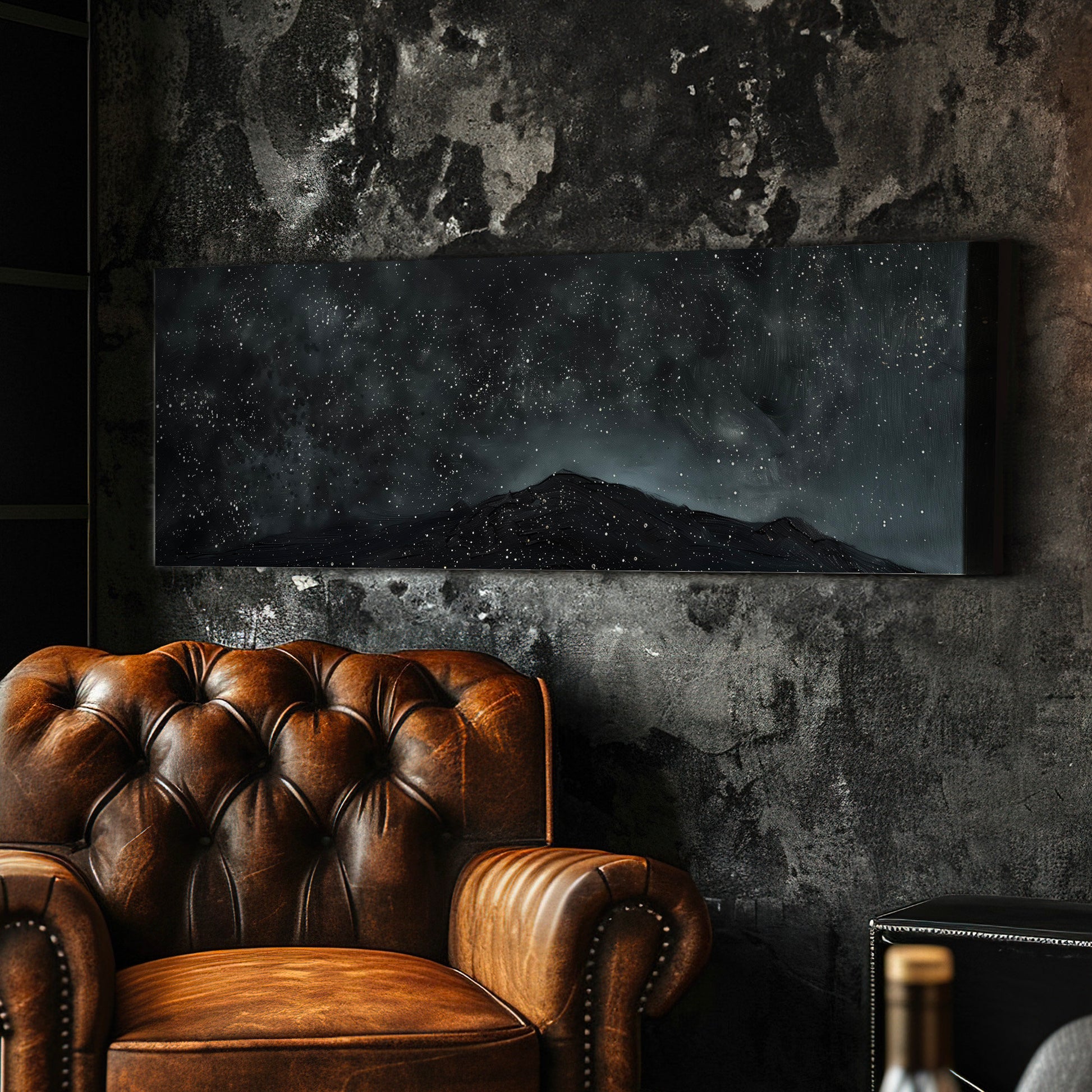 Night Sky Over A Mountain Long Horizontal Wall Art Above Bed, Panoramic Nature Canvas Print, Hunting Cabin Decor Canvas Art