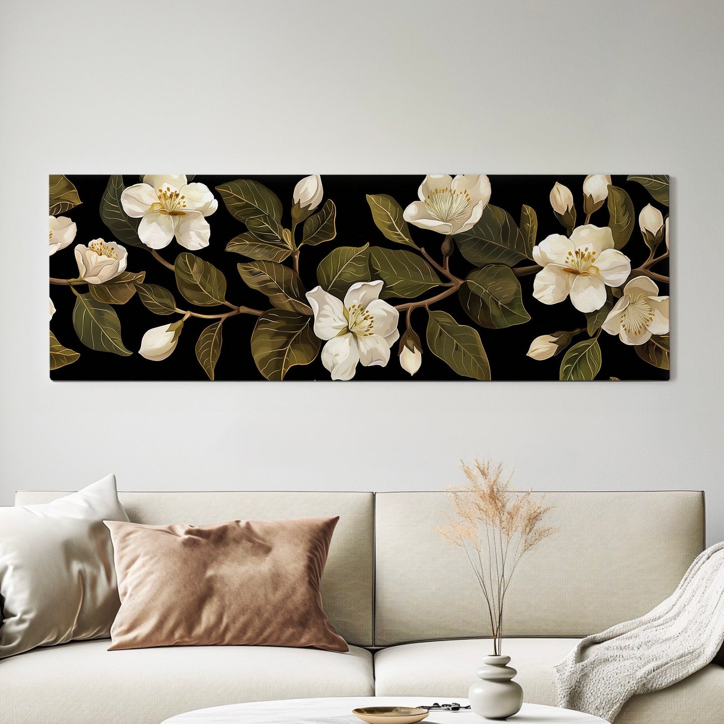 Jasmine Floral Long Horizontal Wall Art For Living Room, Panoramic Beautiful Flower Canvas Print, Botanical Decor Canvas Art