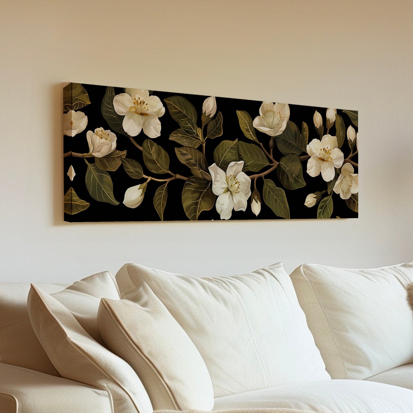 Jasmine Floral Long Horizontal Wall Art For Living Room, Panoramic Beautiful Flower Canvas Print, Botanical Decor Canvas Art