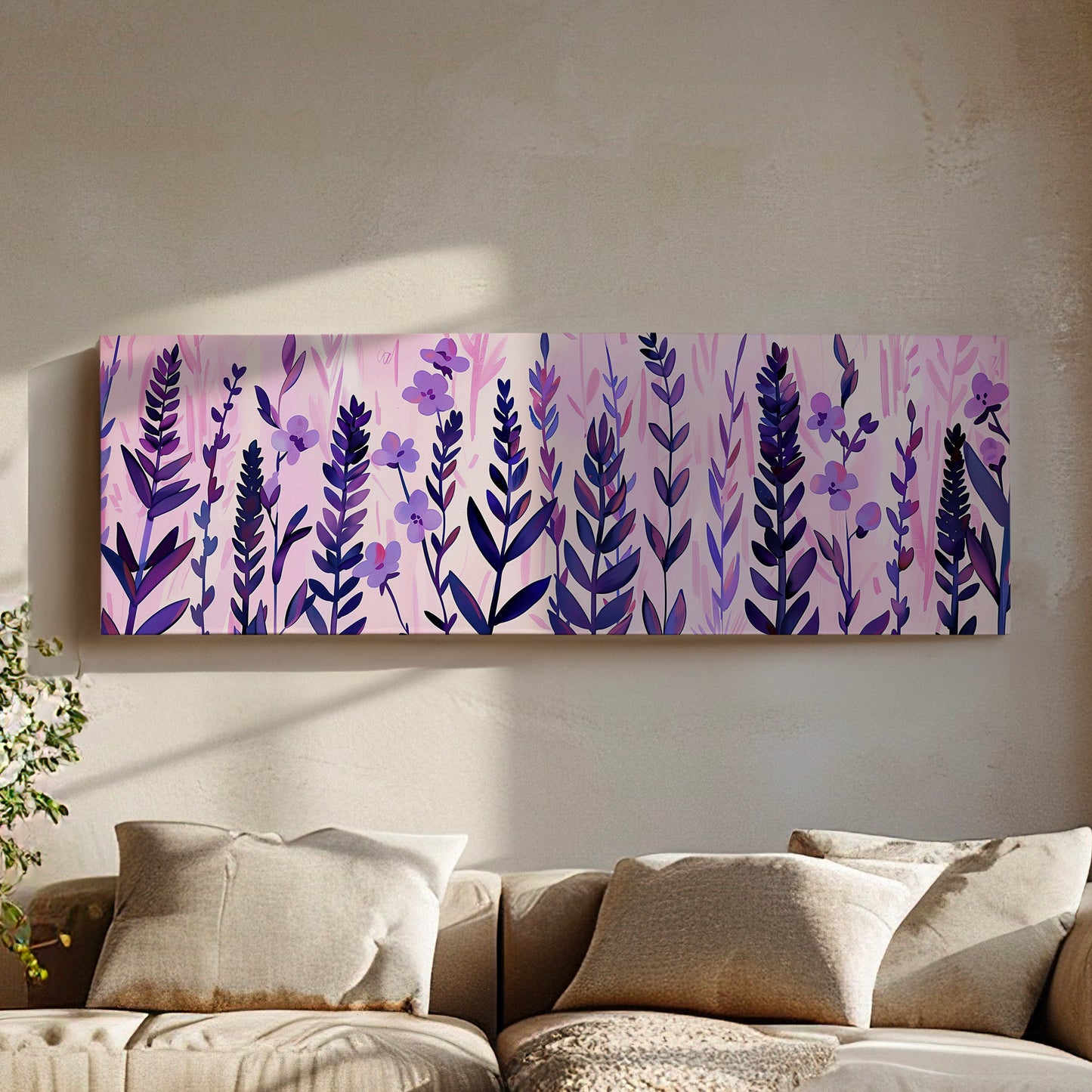 Lavender Field Long Horizontal Wall Art For Living Room, Panoramic Boho Floral Canvas Print, Botanical Decor Canvas Art
