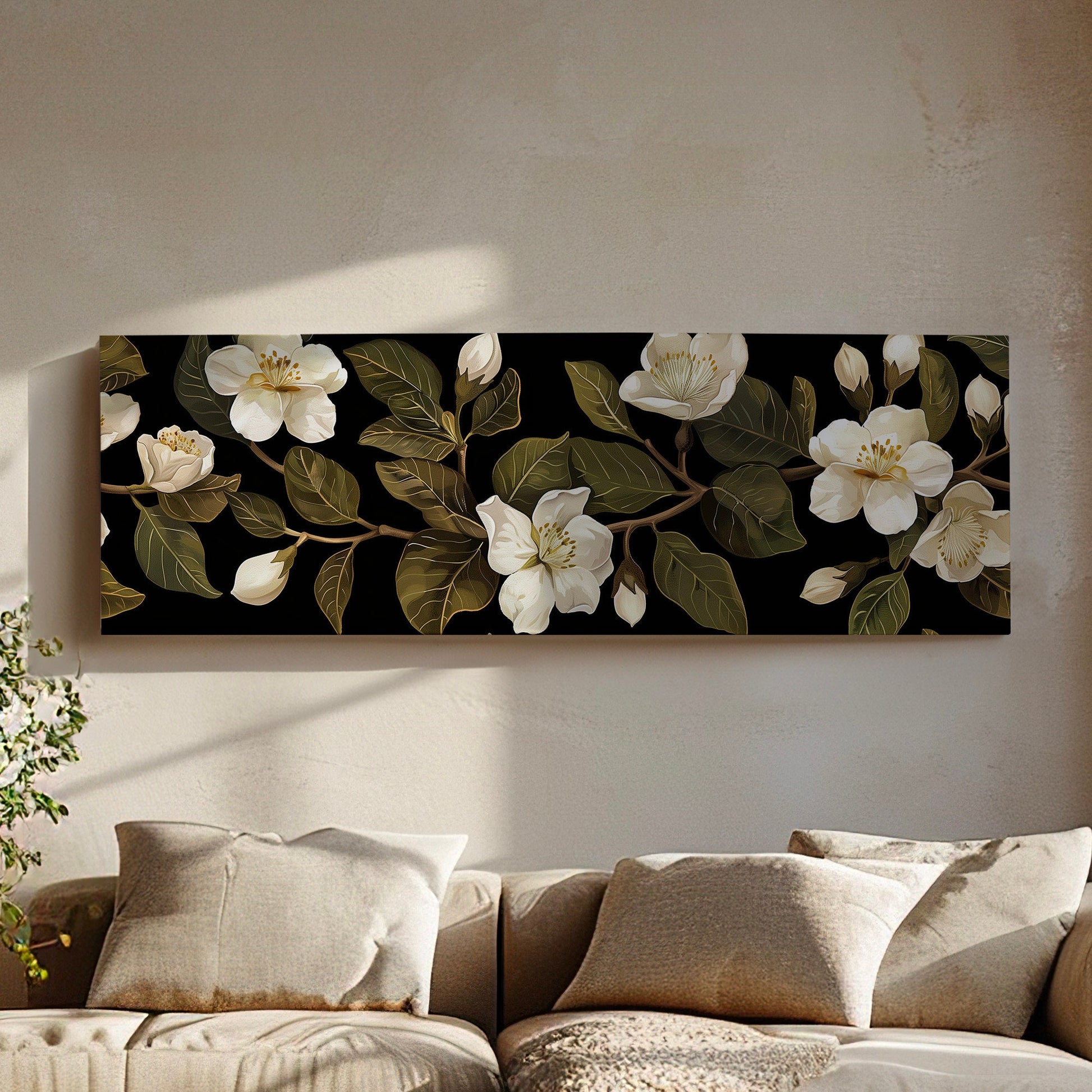 Jasmine Floral Long Horizontal Wall Art For Living Room, Panoramic Beautiful Flower Canvas Print, Botanical Decor Canvas Art