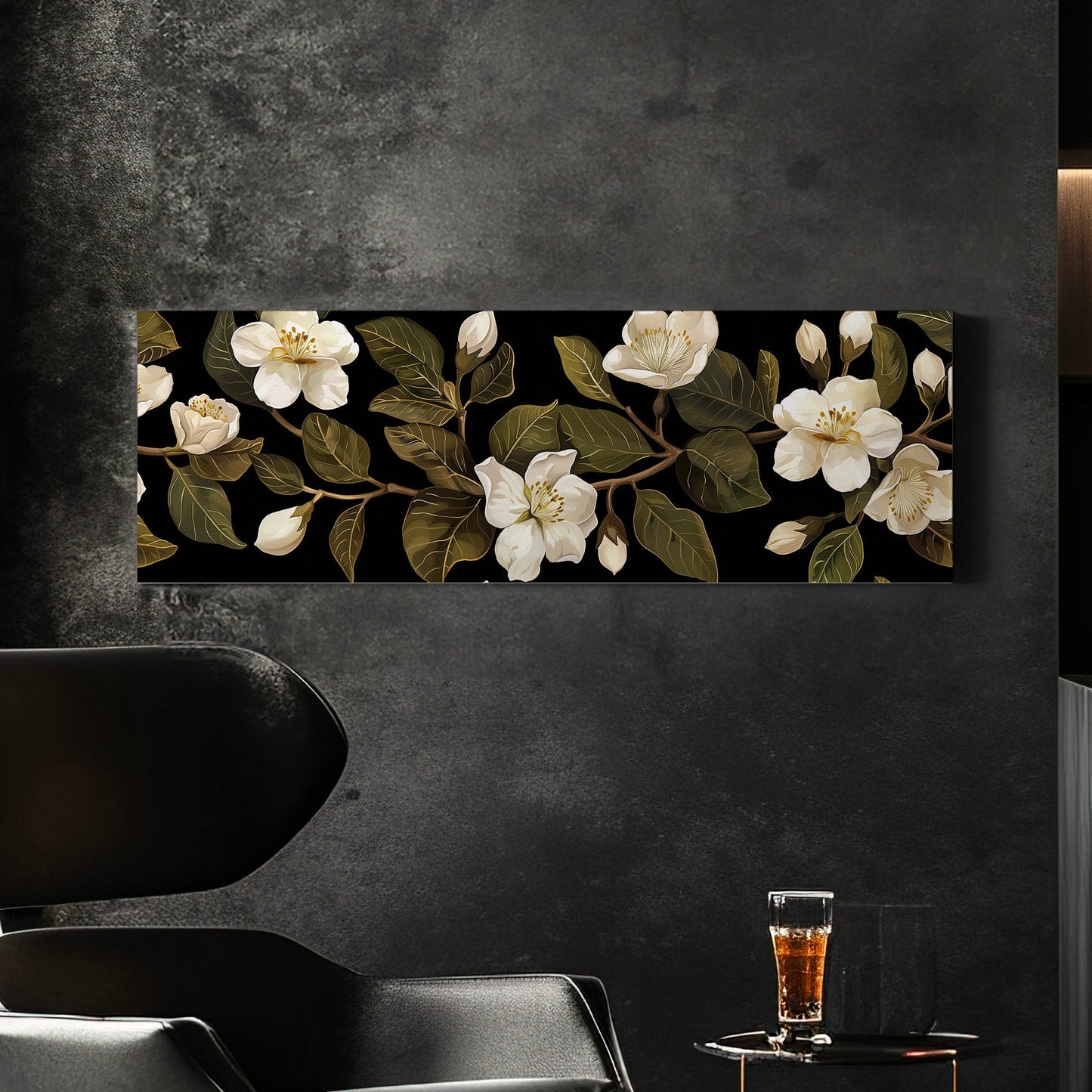 Jasmine Floral Long Horizontal Wall Art For Living Room, Panoramic Beautiful Flower Canvas Print, Botanical Decor Canvas Art