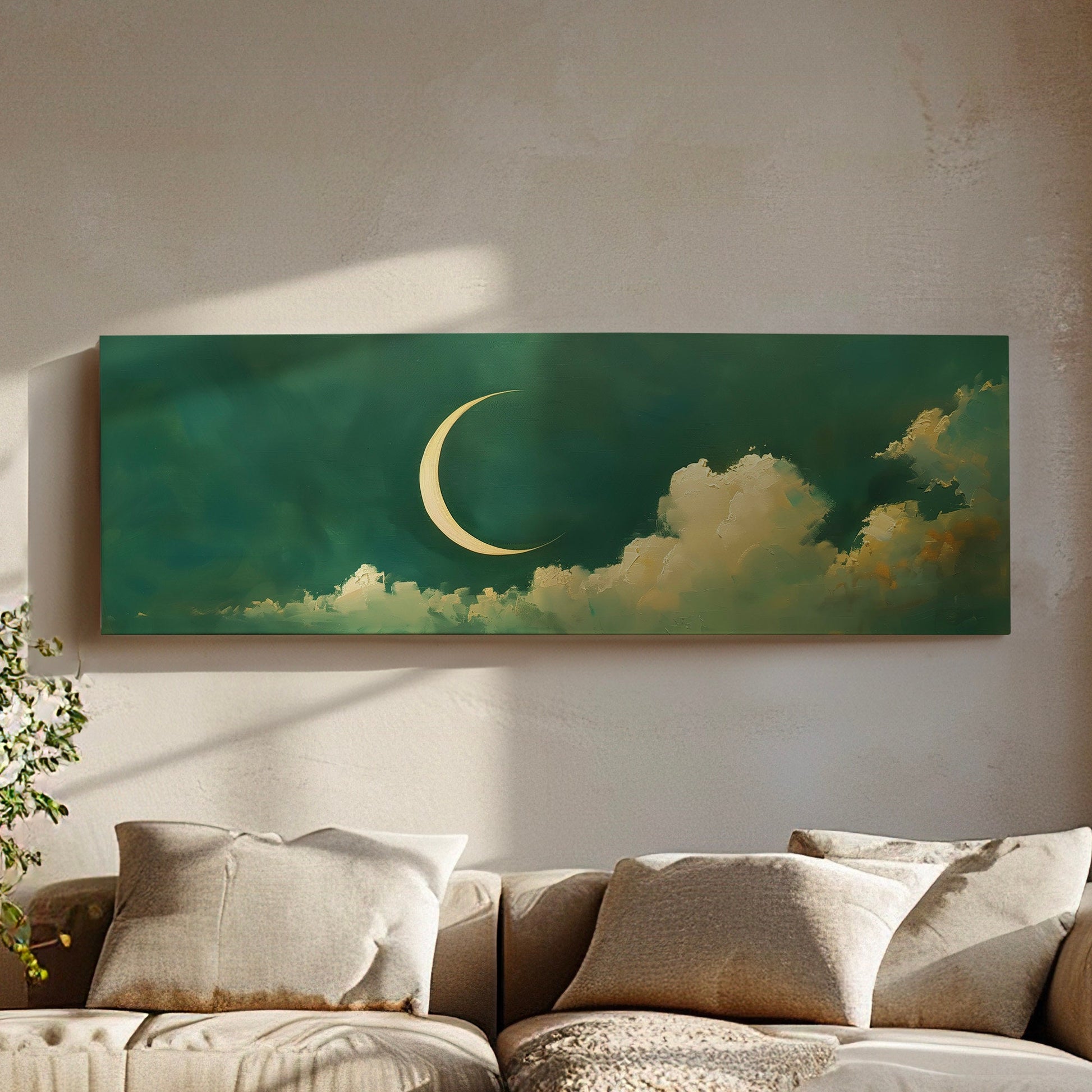 Crescent Moon Long Horizontal Wall Art Above Bed, Panoramic Lunar Green Canvas Print, Moody Cloud Decor Canvas Art