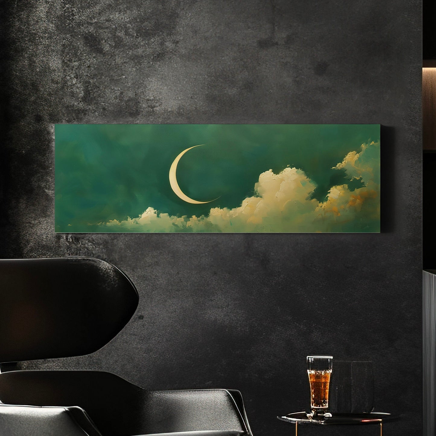 Crescent Moon Long Horizontal Wall Art Above Bed, Panoramic Lunar Green Canvas Print, Moody Cloud Decor Canvas Art