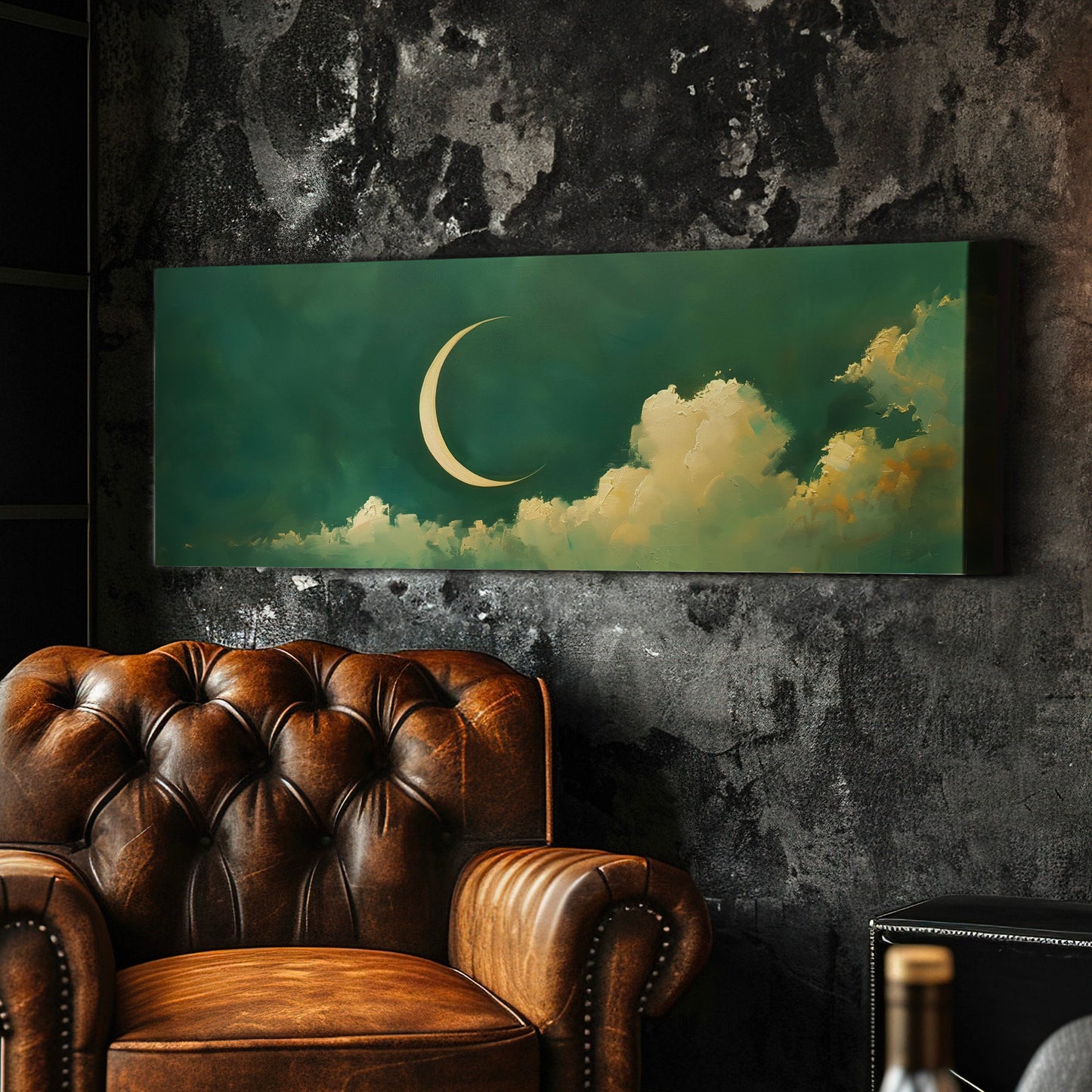 Crescent Moon Long Horizontal Wall Art Above Bed, Panoramic Lunar Green Canvas Print, Moody Cloud Decor Canvas Art