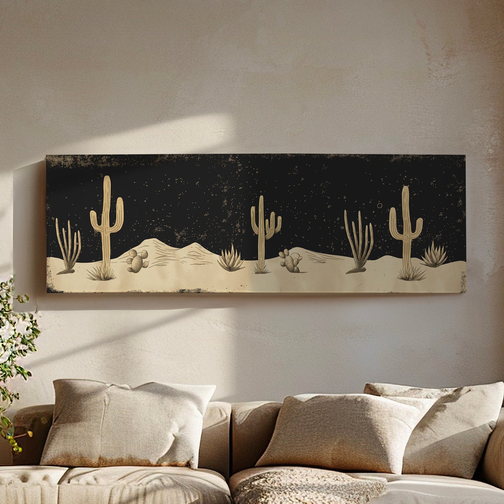 Desert At Midnight Long Horizontal Wall Art Above Bed, Panoramic  Southwestern Canvas Print, Farmhouse Decor Canvas Art