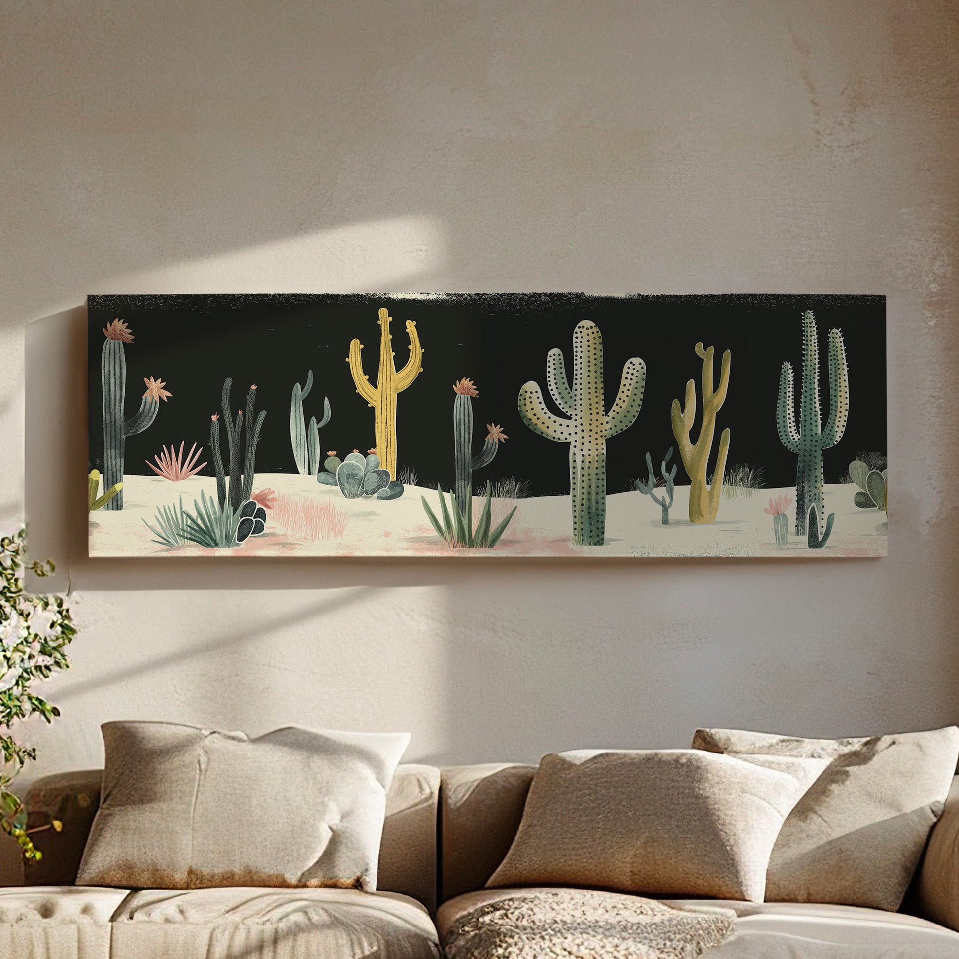 Desert At night Long Horizontal Wall Art For Living Room, Panoramic  Southwestern Canvas Print, Cactus Decor Canvas Art