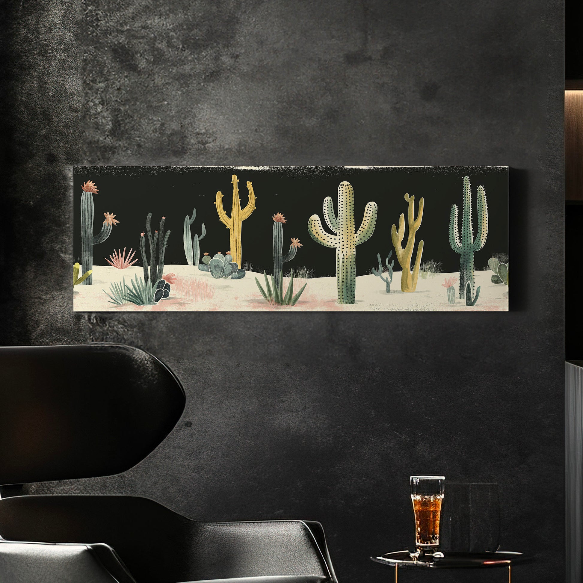 Desert At night Long Horizontal Wall Art For Living Room, Panoramic  Southwestern Canvas Print, Cactus Decor Canvas Art