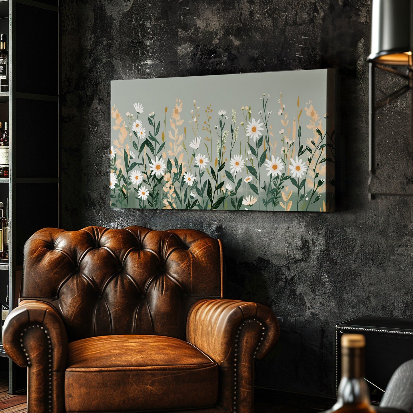 White Wildflovers Long Horizontal Wall Art For Living Room, Panoramic Minimal Illustration Canvas Print, Sage Green leaves Decor Canvas Art