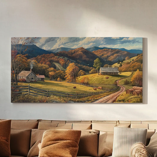 Pig Farm Vintage Long Horizontal Wall Art For Farmhouse, Panoramic Beautiful Scene Canvas Print, Western Decor Canvas Art