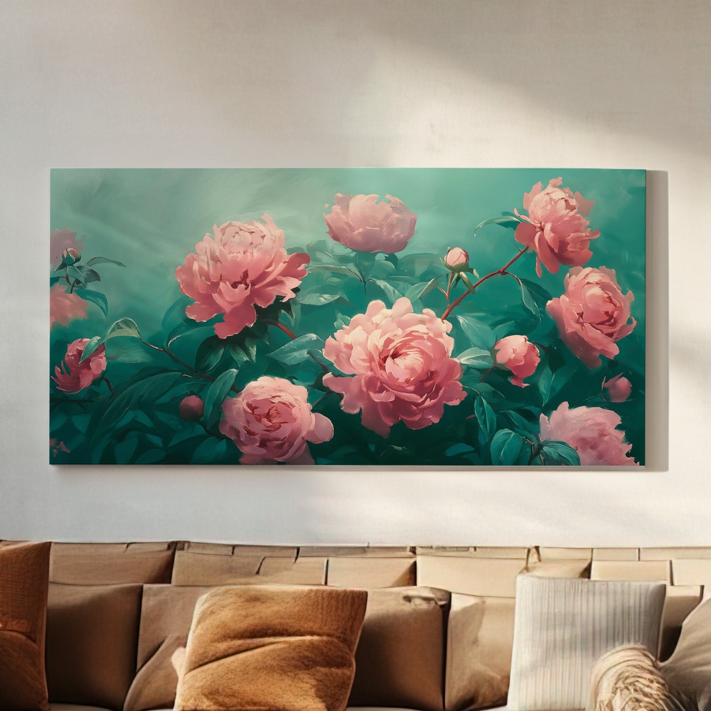 Peony Painting Long Horizontal Wall Art For Bedroom, Panoramic Floral Scene Canvas Print, Minimal Decor Canvas Art