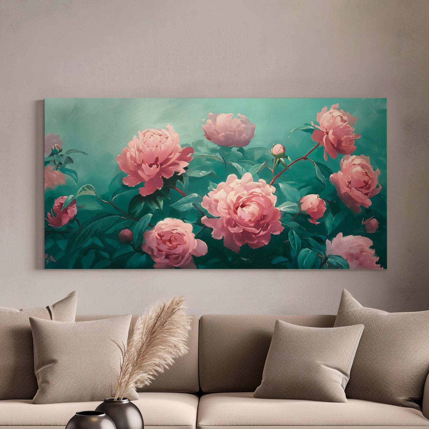 Peony Painting Long Horizontal Wall Art For Bedroom, Panoramic Floral Scene Canvas Print, Minimal Decor Canvas Art