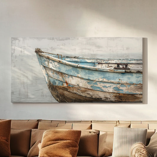Old Wooden Boat Long Horizontal Wall Art For Lakehouse, Panoramic Coastal Canvas Print, Nautical Decor Canvas Art