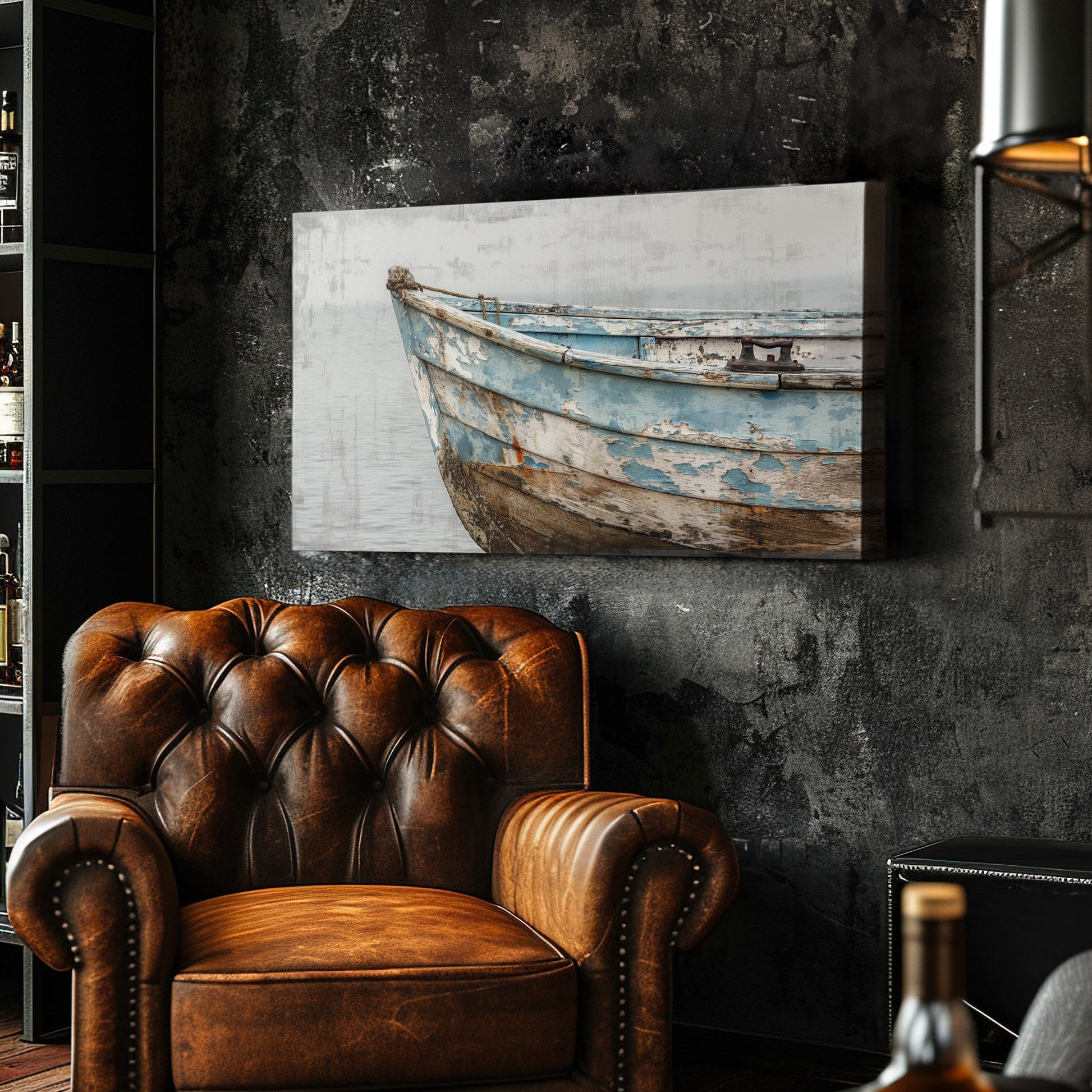 Old Wooden Boat Long Horizontal Wall Art For Lakehouse, Panoramic Coastal Canvas Print, Nautical Decor Canvas Art
