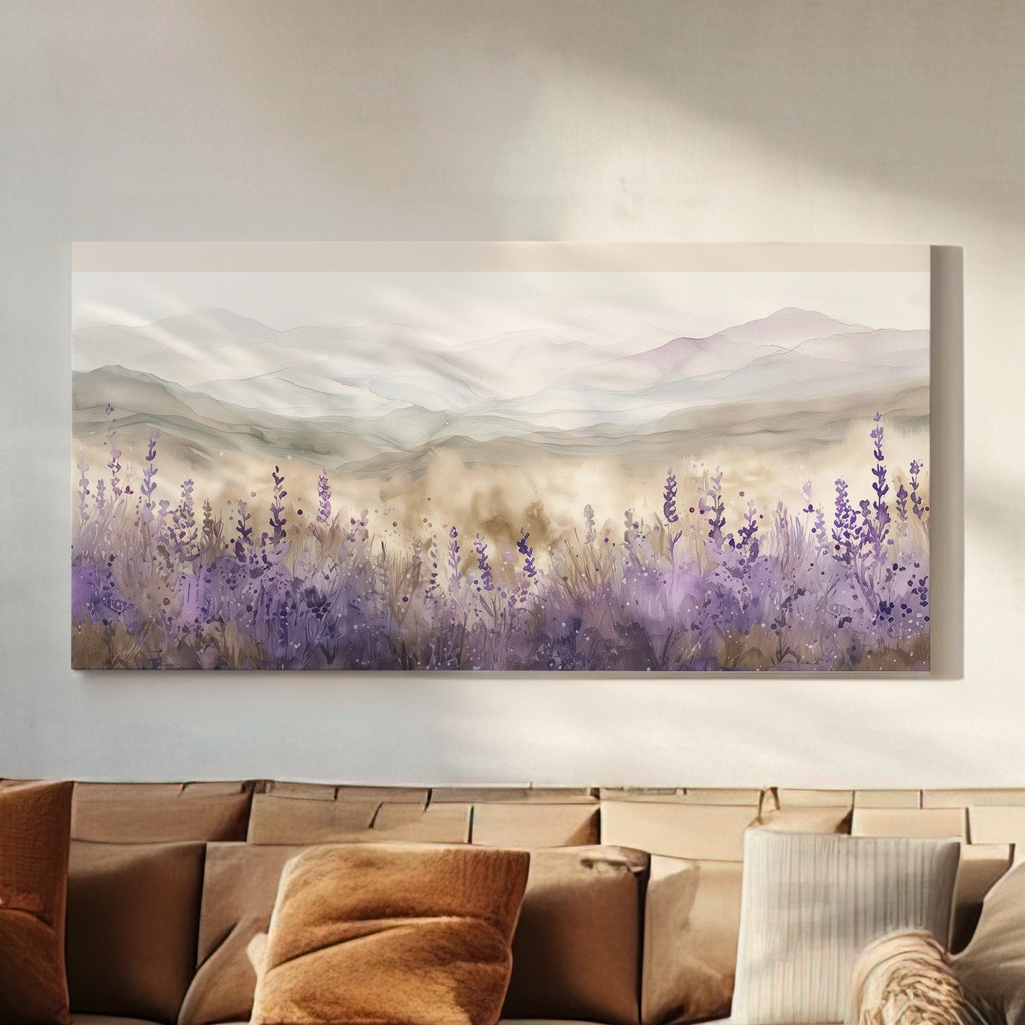 Lavender Meadow Long Horizontal Wall Art For Living Room, Panoramic Farmhouse Canvas Print, Minimal Decor Canvas Art