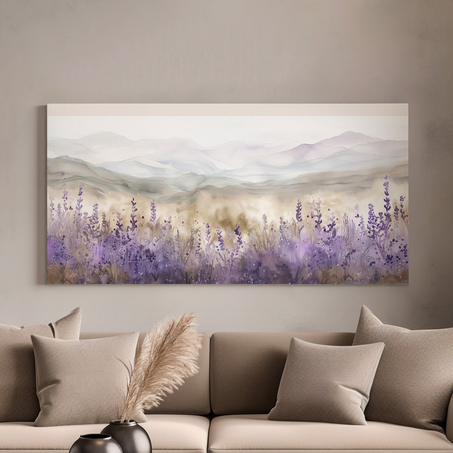 Lavender Meadow Long Horizontal Wall Art For Living Room, Panoramic Farmhouse Canvas Print, Minimal Decor Canvas Art