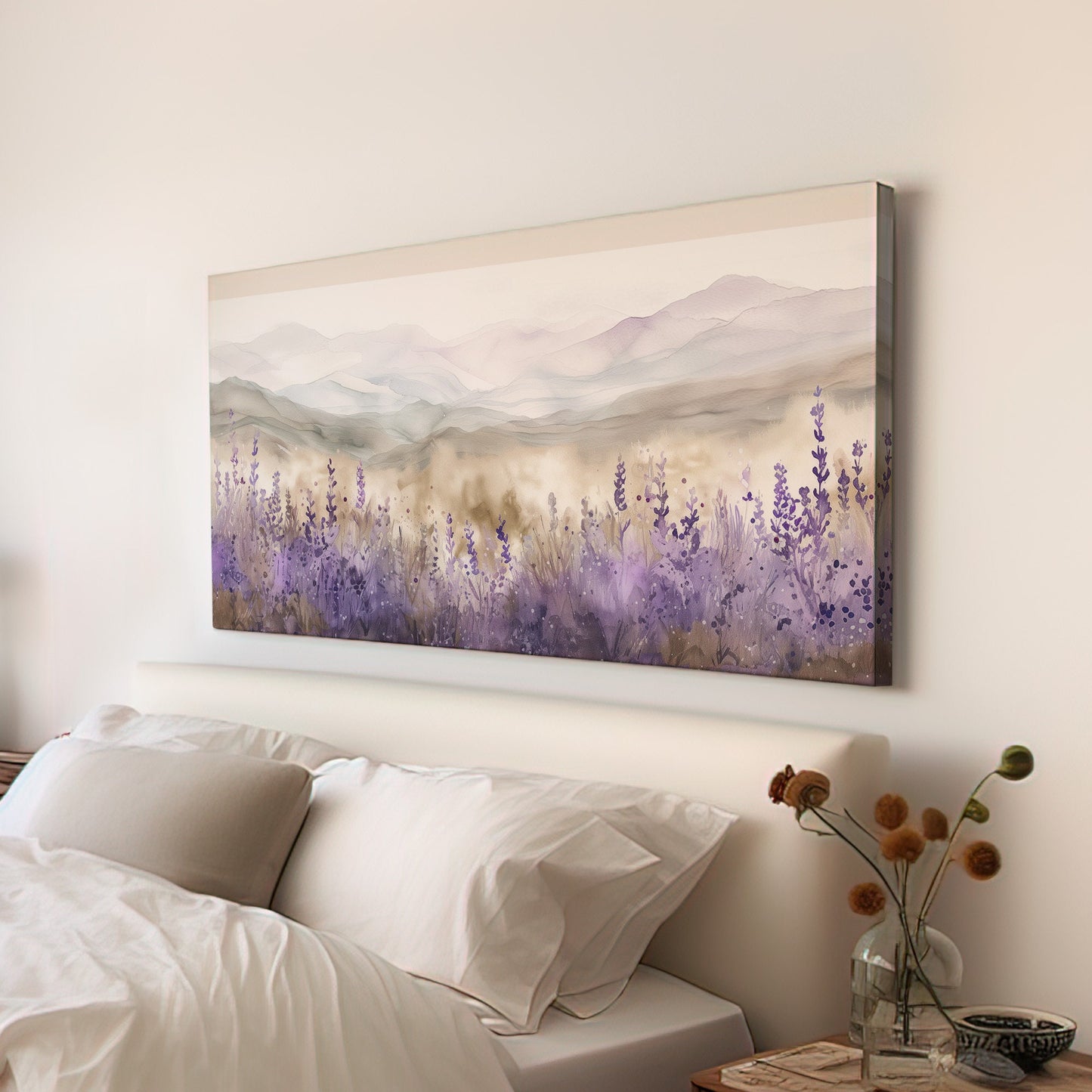 Lavender Meadow Long Horizontal Wall Art For Living Room, Panoramic Farmhouse Canvas Print, Minimal Decor Canvas Art