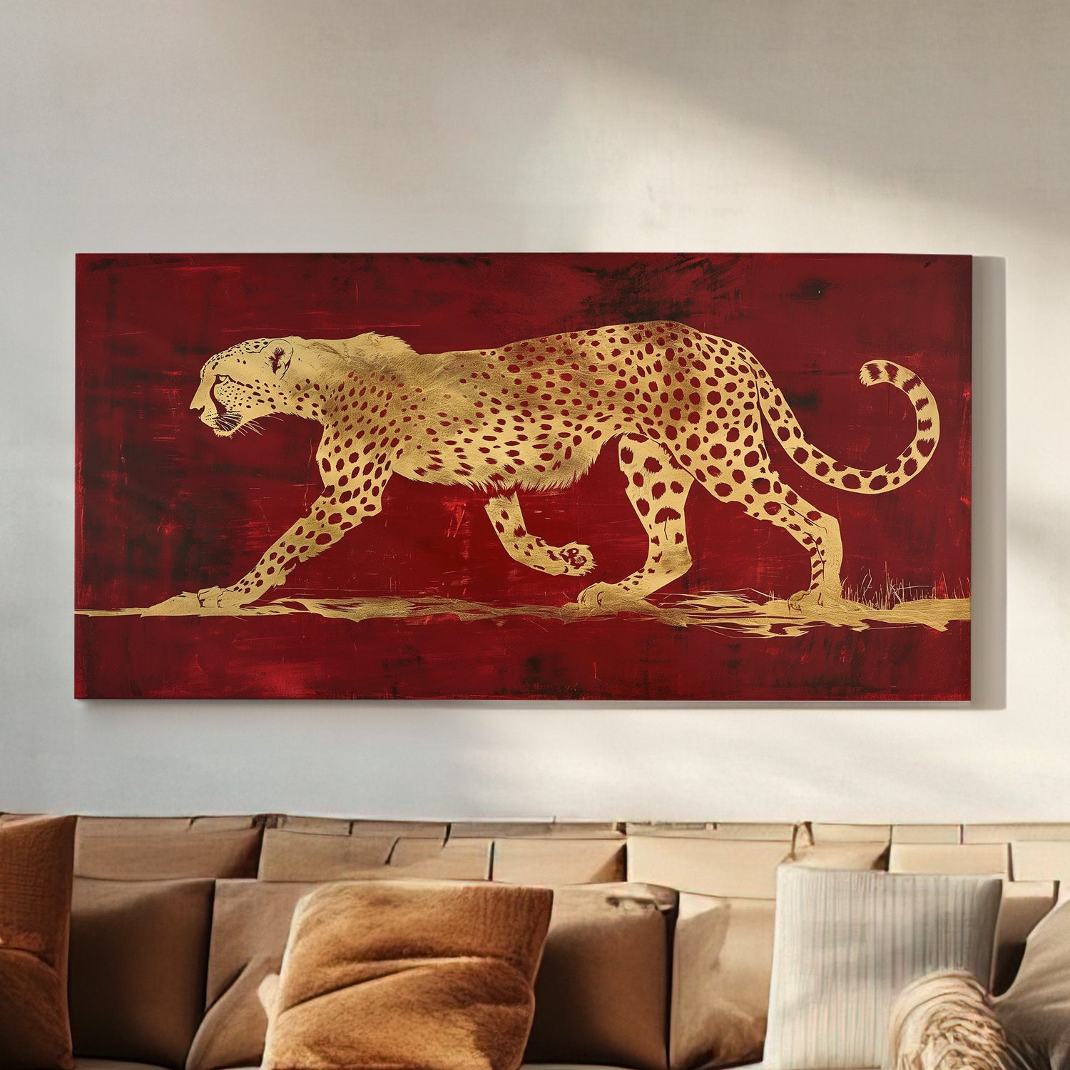 Gold Cheetah Long Horizontal Wall Art For Bedroom, Panoramic Red and Gold Canvas Print, Tiger Decor Canvas Art