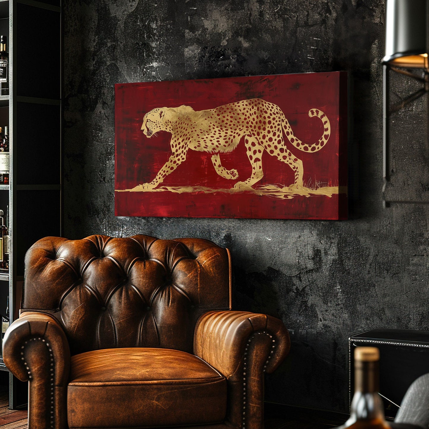 Gold Cheetah Long Horizontal Wall Art For Bedroom, Panoramic Red and Gold Canvas Print, Tiger Decor Canvas Art