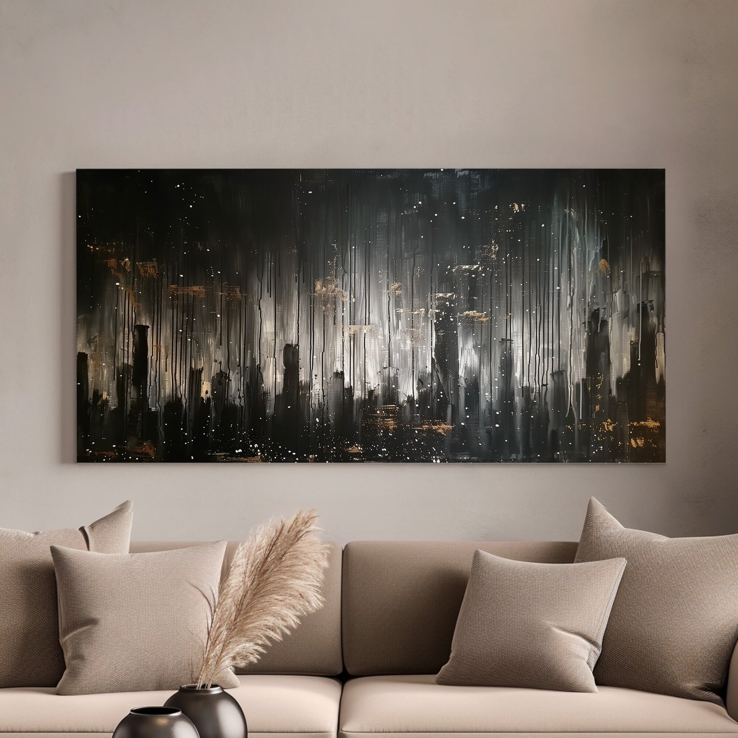 New York In The Rain Long Horizontal Wall Art For Bedroom, Panoramic Window Canvas Print, Stormy Weather Decor Canvas Art