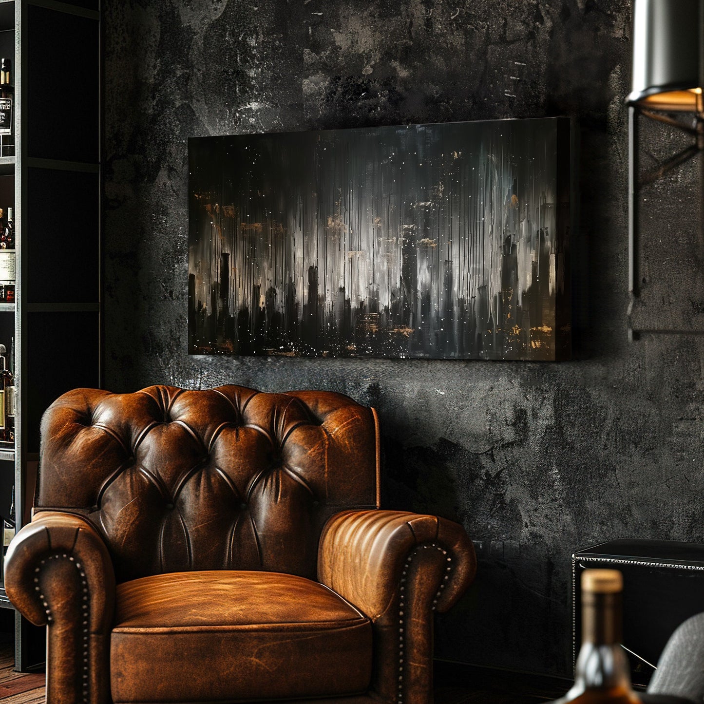 New York In The Rain Long Horizontal Wall Art For Bedroom, Panoramic Window Canvas Print, Stormy Weather Decor Canvas Art