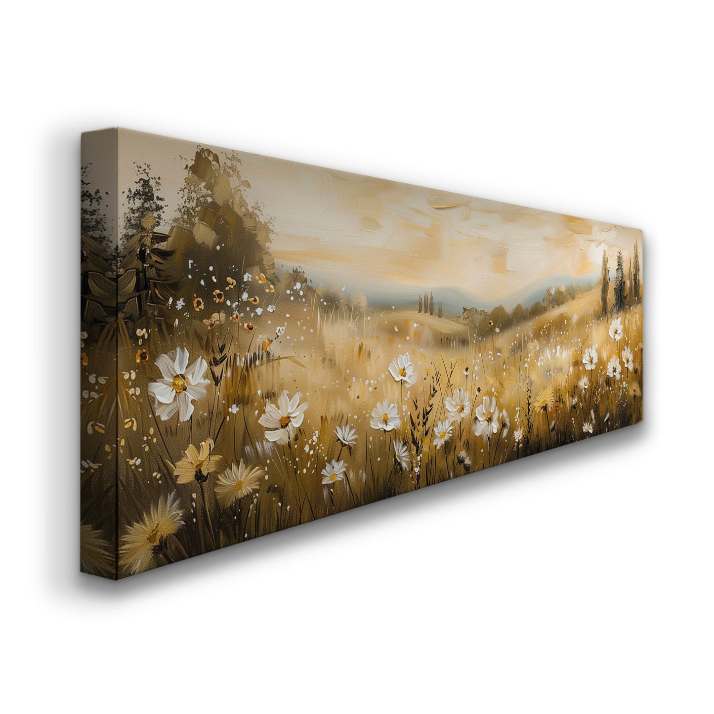 Wildflower Scene Long Horizontal Wall Art Above Bed, Panoramic Southwestern Canvas Print, Farmhouse Decor Canvas Art
