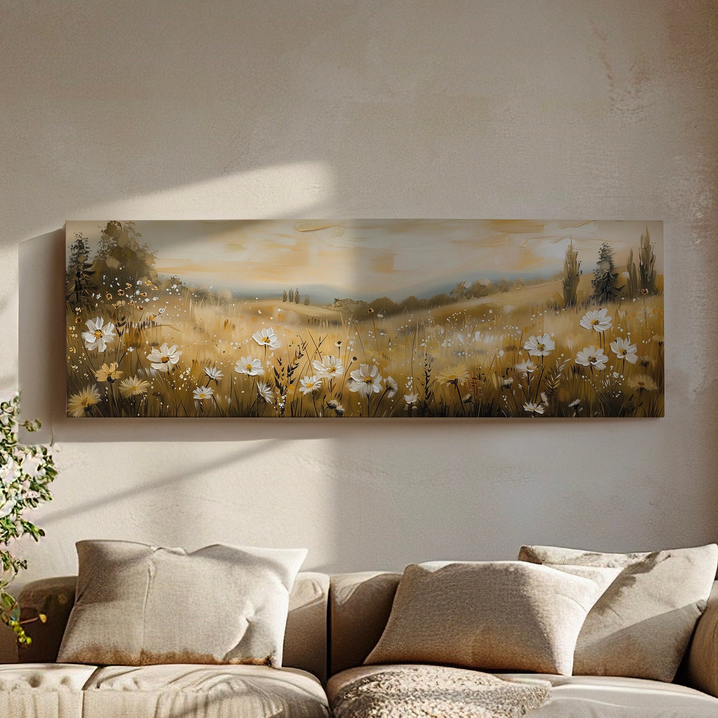 Wildflower Scene Long Horizontal Wall Art Above Bed, Panoramic Southwestern Canvas Print, Farmhouse Decor Canvas Art
