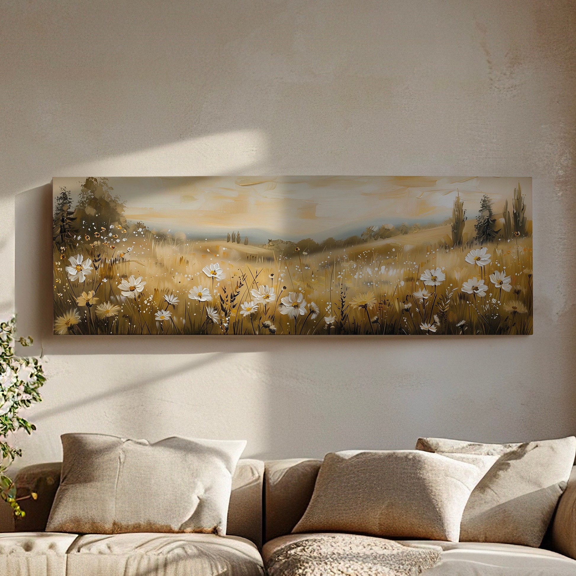 Wildflower Scene Long Horizontal Wall Art Above Bed, Panoramic Southwestern Canvas Print, Farmhouse Decor Canvas Art