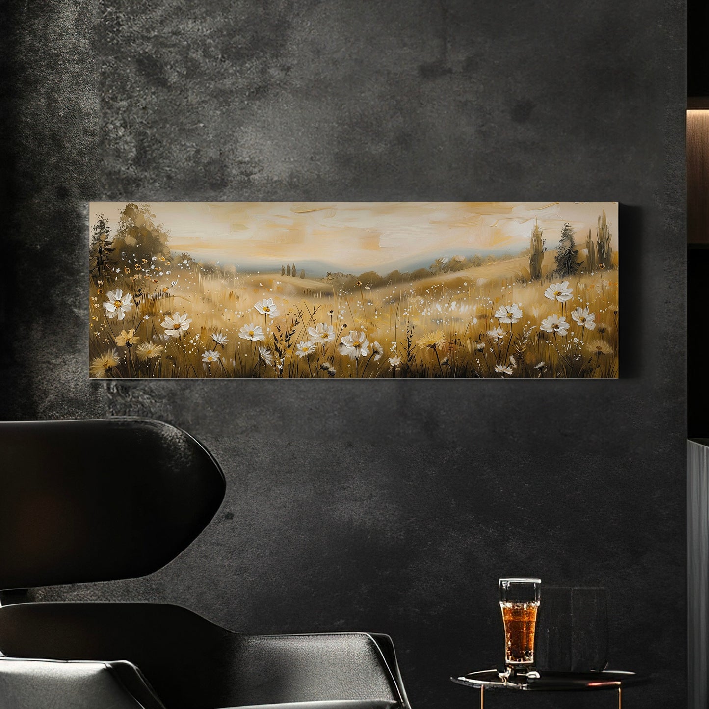 Wildflower Scene Long Horizontal Wall Art Above Bed, Panoramic Southwestern Canvas Print, Farmhouse Decor Canvas Art