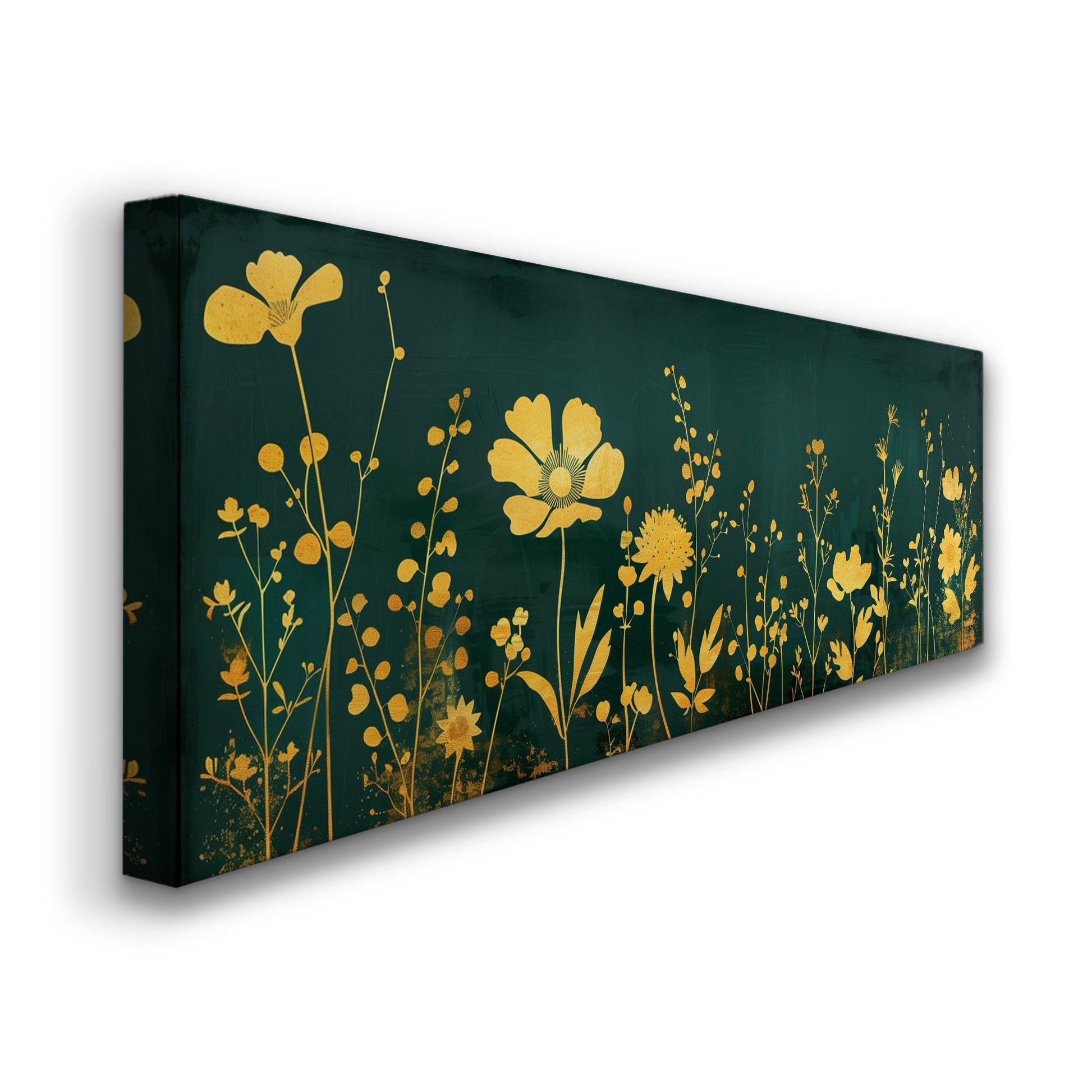 Wildflower Field Long Horizontal Wall Art For Living Room, Panoramic Green and Gold Canvas Print, Farmhouse Decor Canvas Art