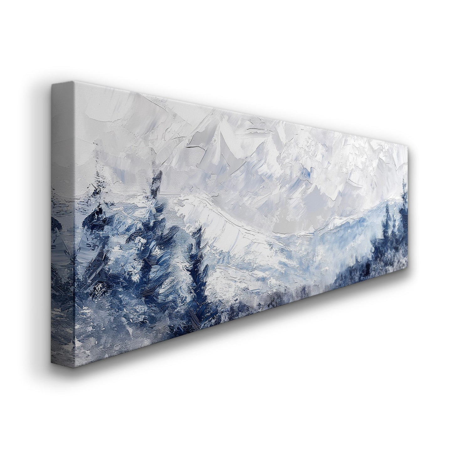 Snowy Pine Forest Long Horizontal Wall Art Above Bed, Panoramic Mountains Canvas Print, Light Blue Decor Canvas Art