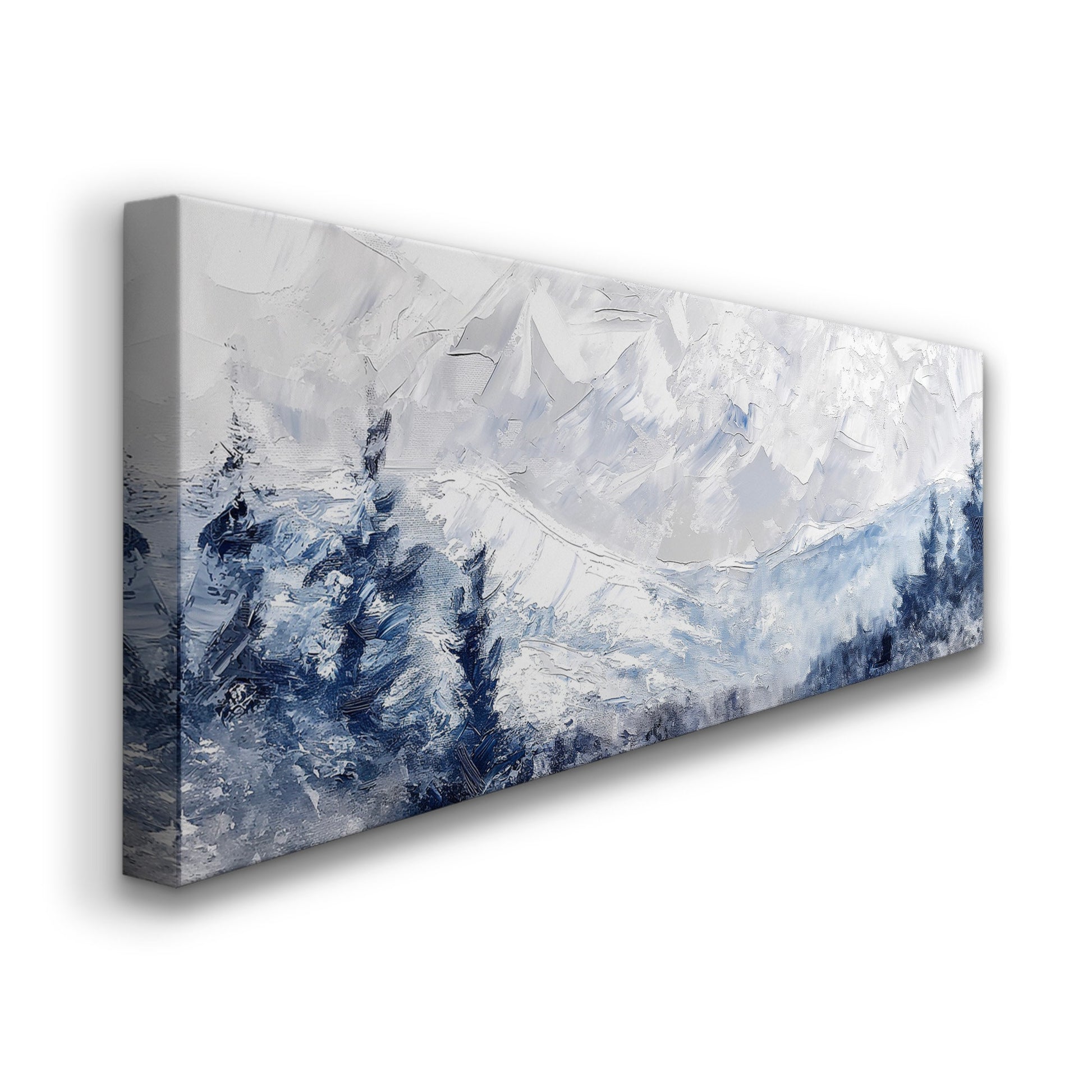 Snowy Pine Forest Long Horizontal Wall Art Above Bed, Panoramic Mountains Canvas Print, Light Blue Decor Canvas Art